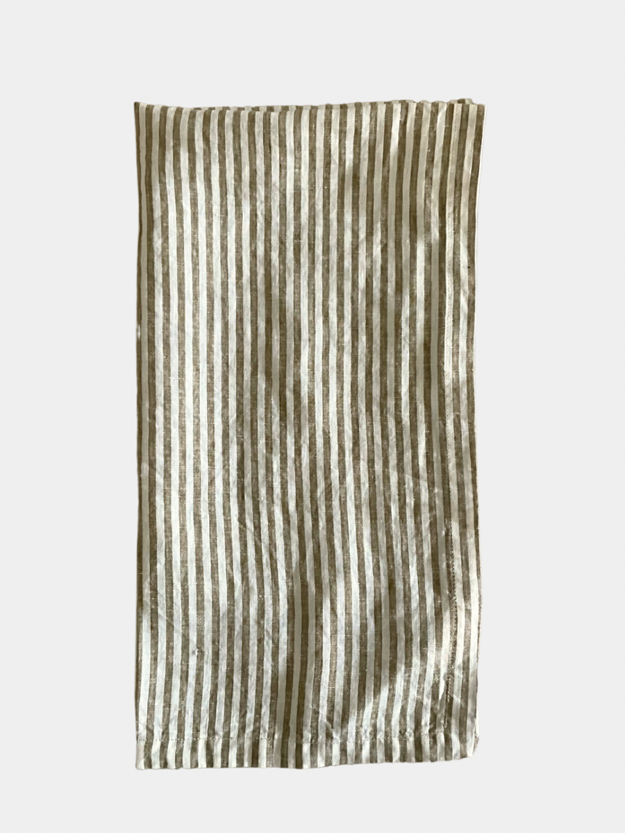Linen Tea Towel - Olive Pinstripe