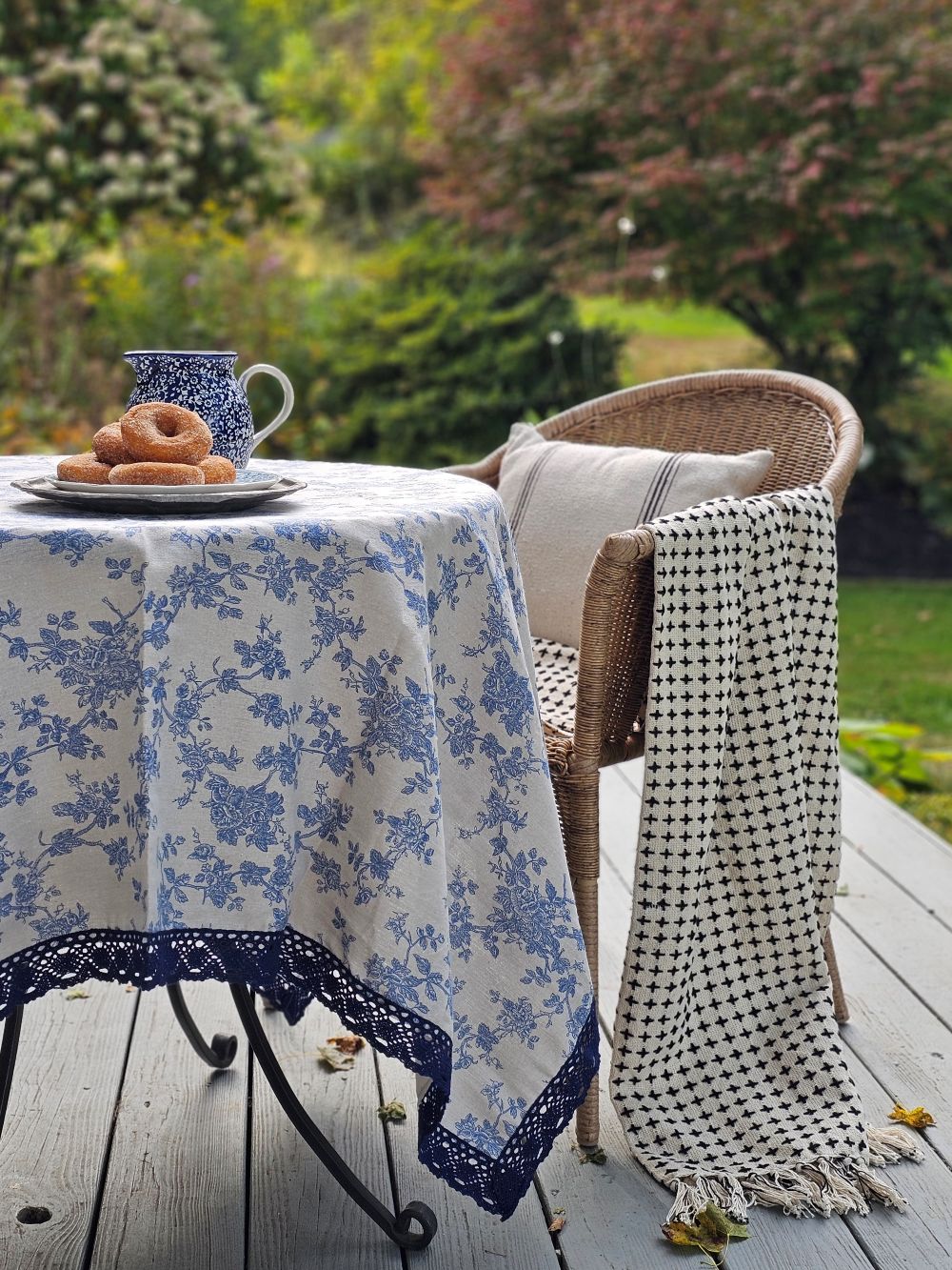 Blue Floral Toile Tablecloth with Crochet Lace Trim