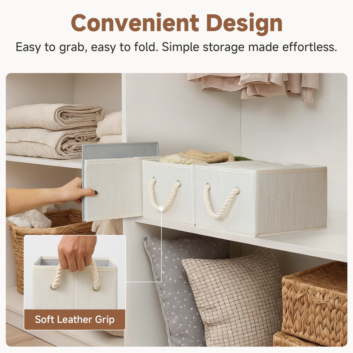 Fabric Storage Bins with Cotton Rope Handles, Set of 3