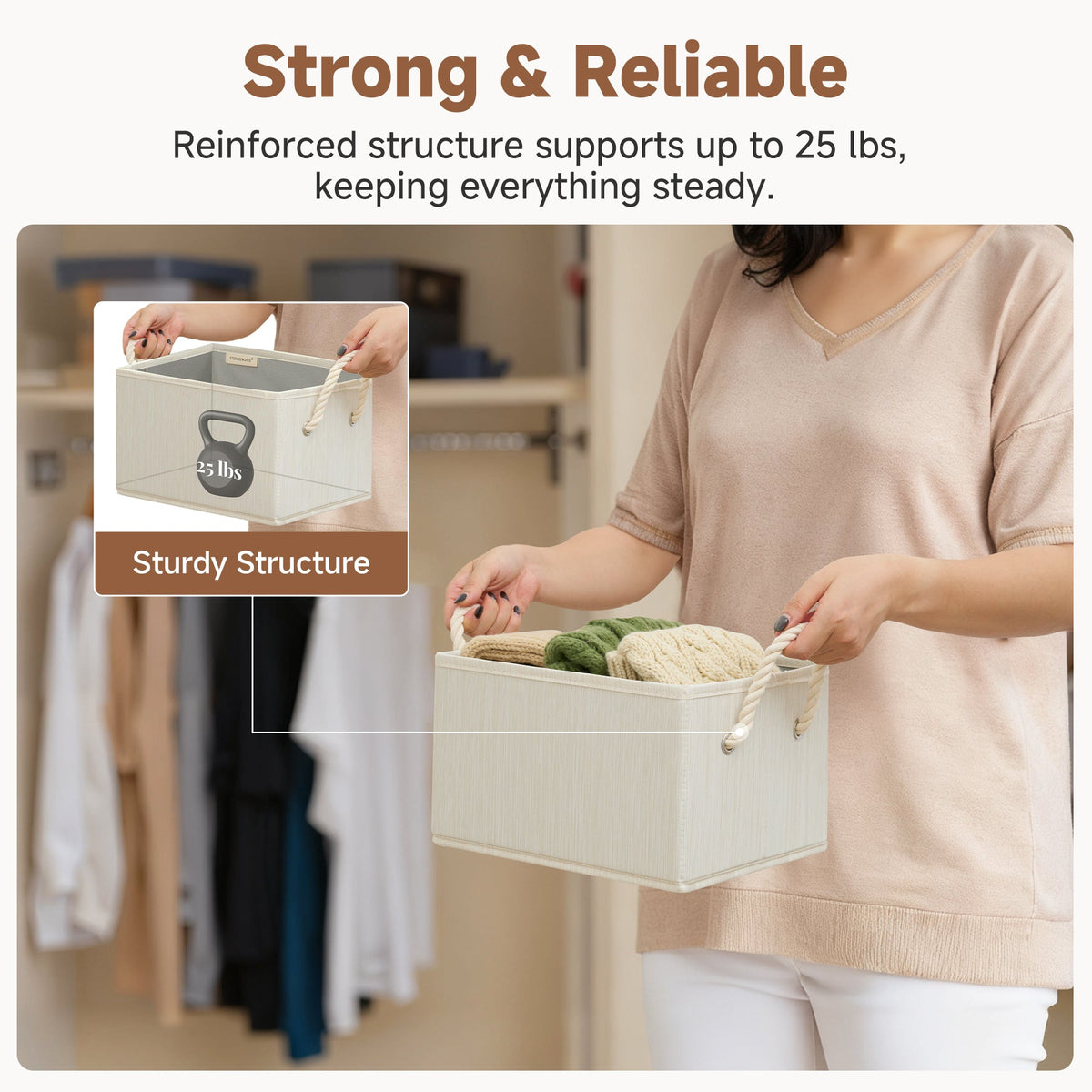 Fabric Storage Bins with Cotton Rope Handles, Set of 3