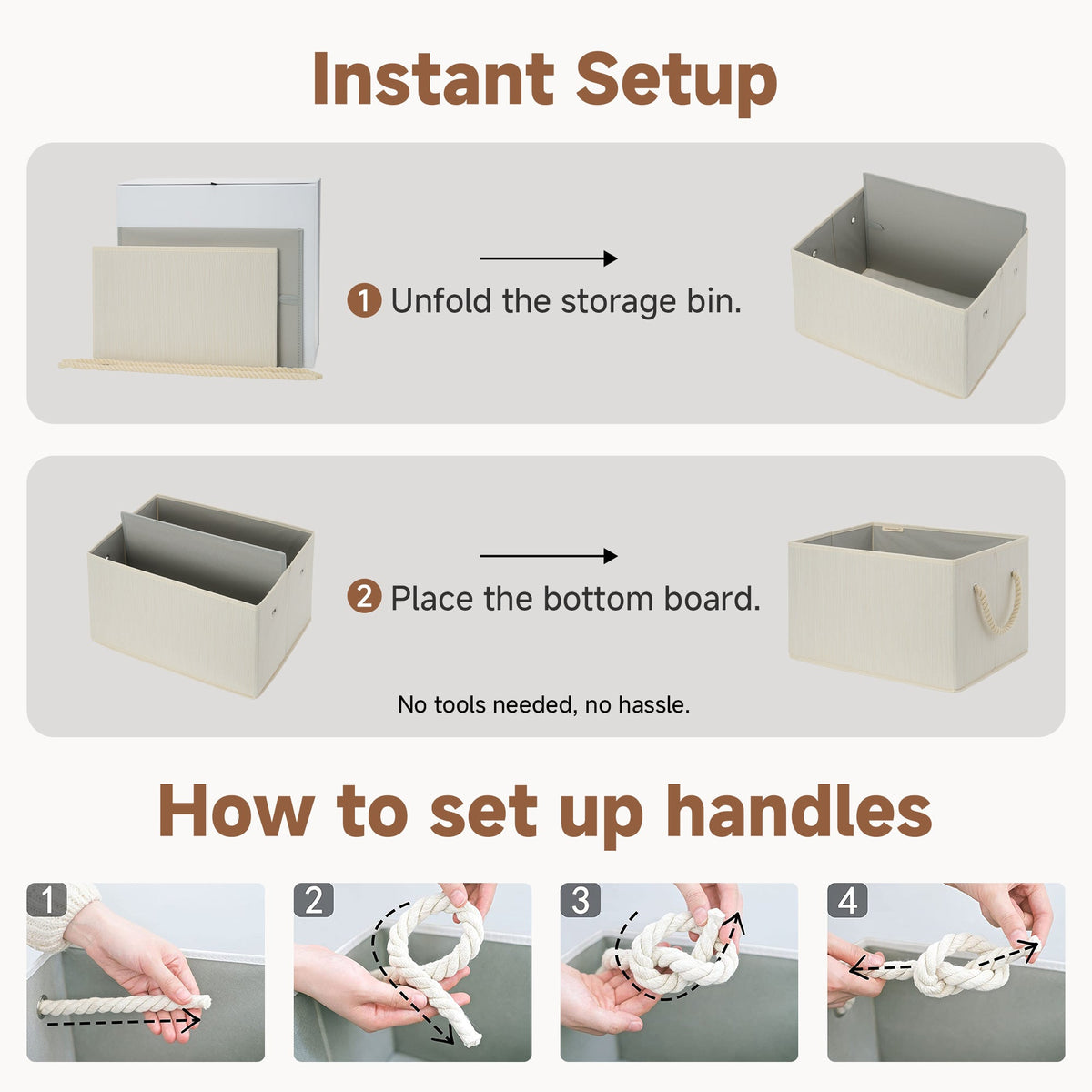 Fabric Storage Bins with Cotton Rope Handles, Set of 3
