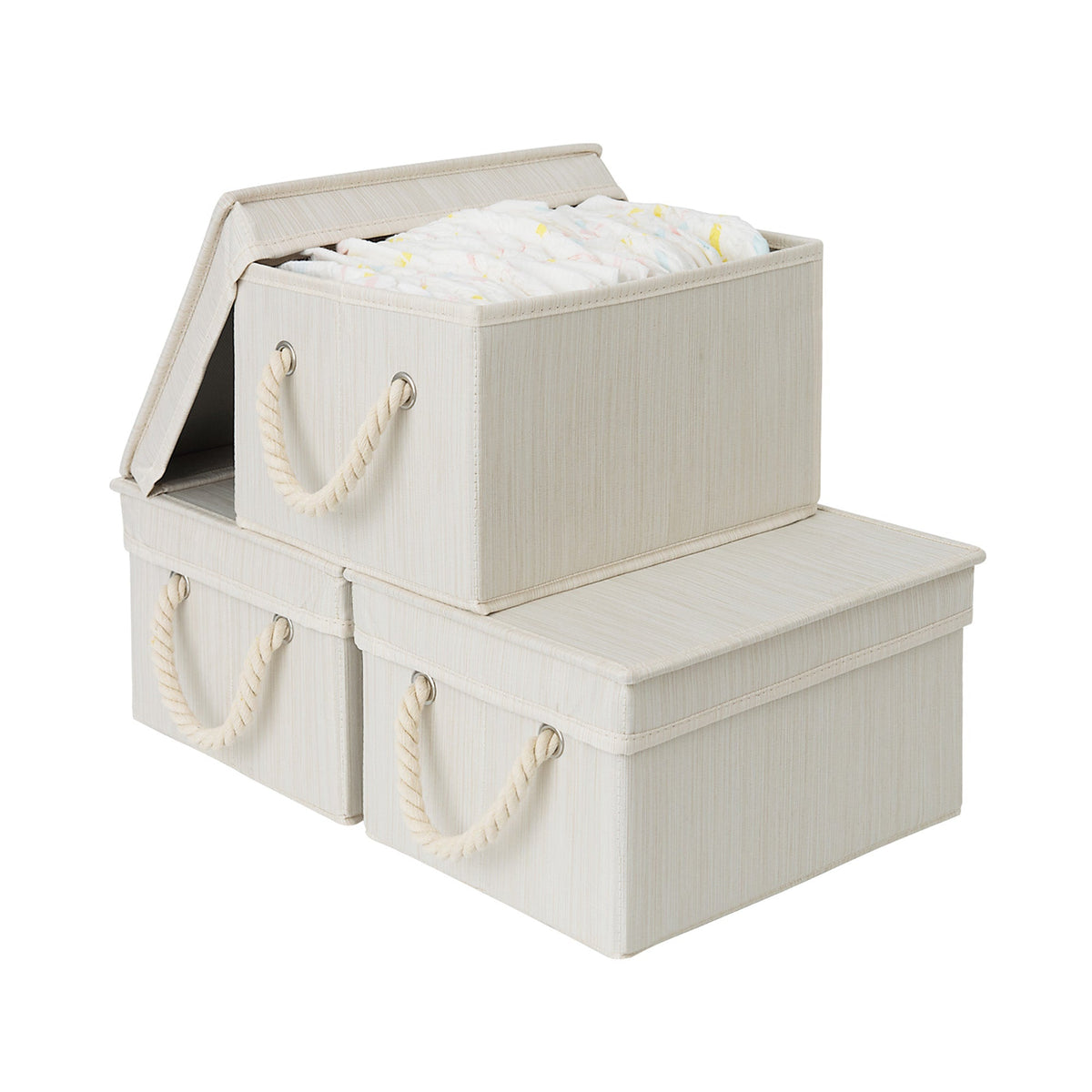 Lidded Fabric Storage Bins with Cotton Rope Handles, Set of 3