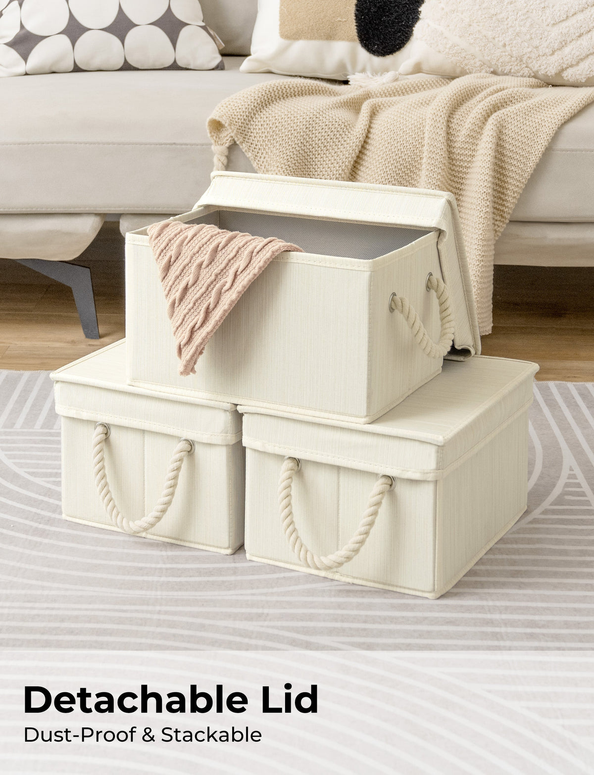 Lidded Fabric Storage Bins with Cotton Rope Handles, Set of 3
