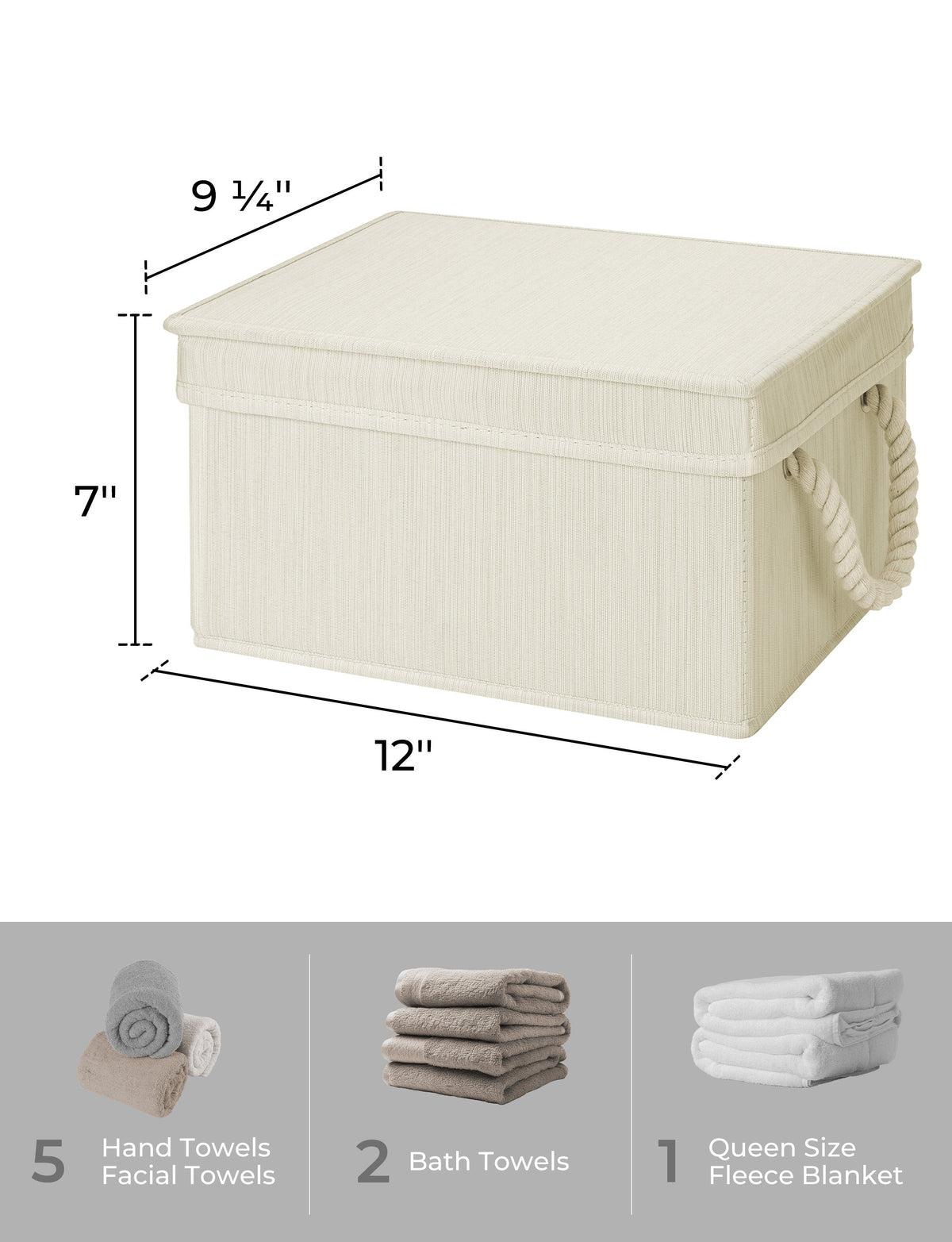 Lidded Fabric Storage Bins with Cotton Rope Handles, Set of 3