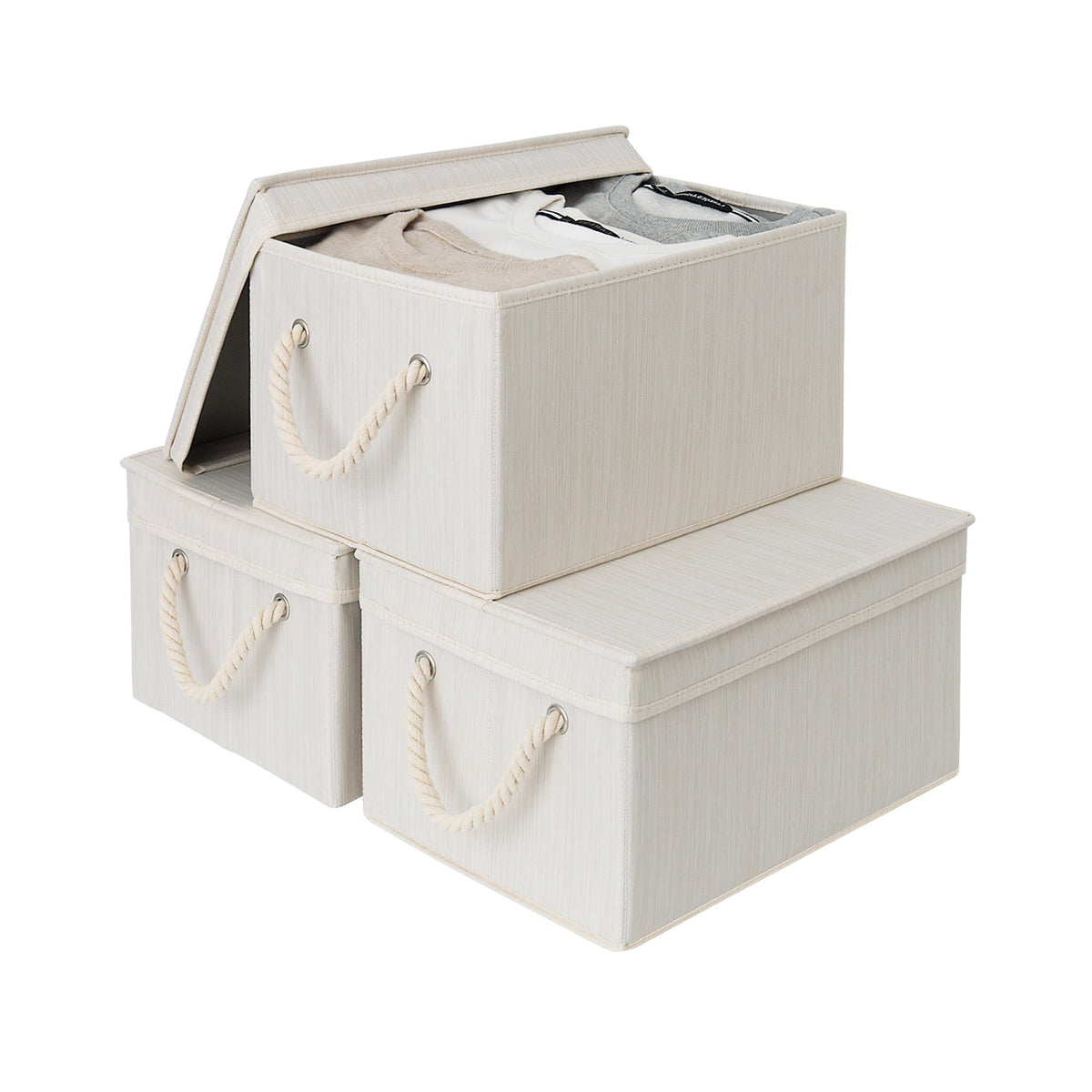 Lidded Fabric Storage Bins with Cotton Rope Handles, Set of 3