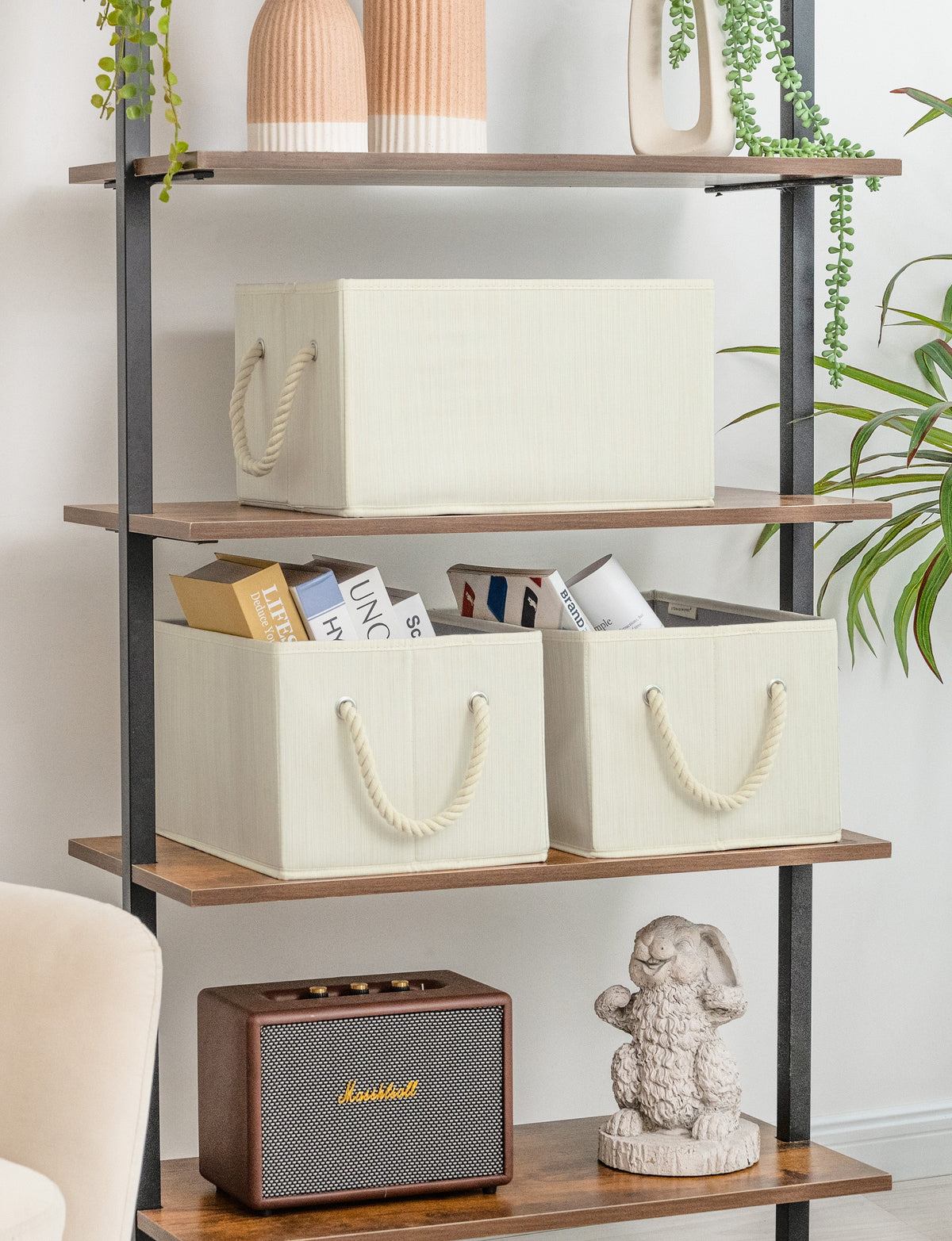 Lidded Fabric Storage Bins with Cotton Rope Handles, Set of 3