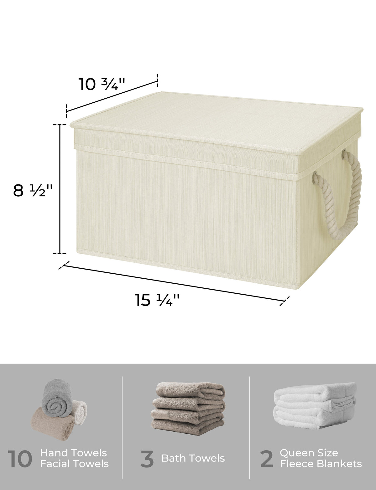 Lidded Fabric Storage Bins with Cotton Rope Handles, Set of 3