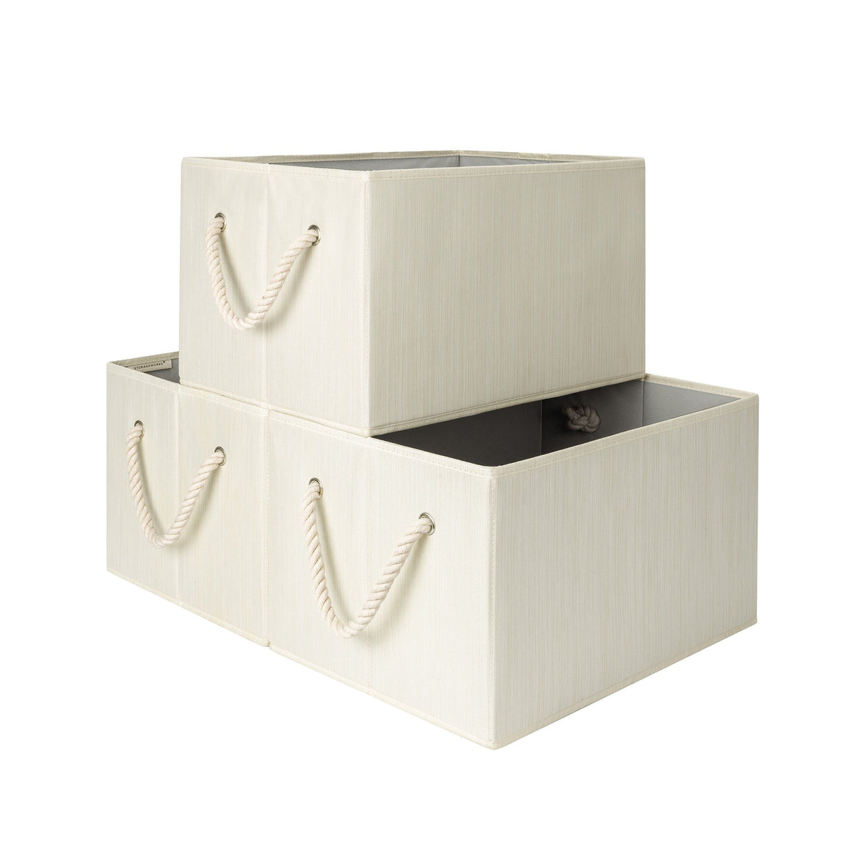 Fabric Storage Bins with Cotton Rope Handles, Set of 3