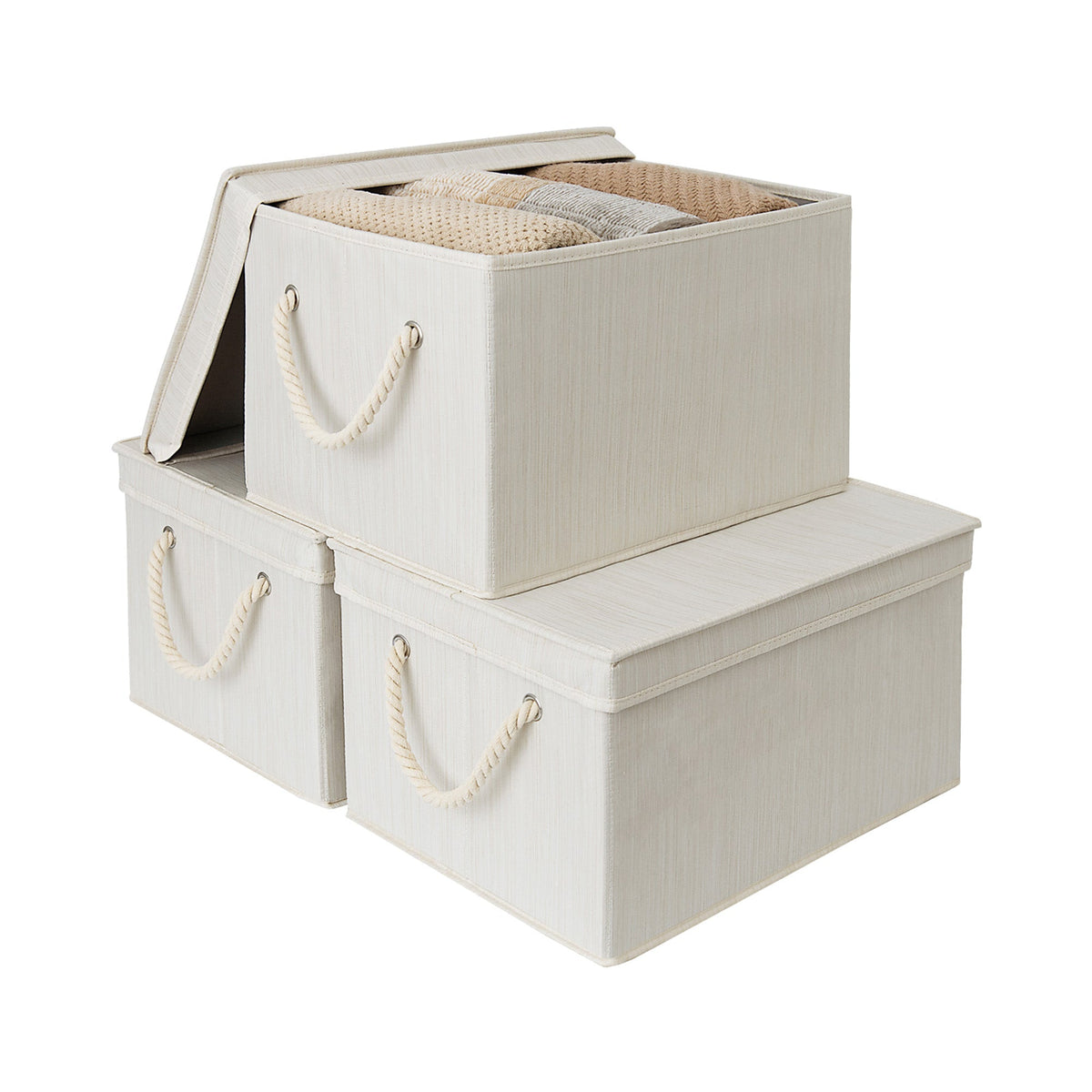 Lidded Fabric Storage Bins with Cotton Rope Handles, Set of 3