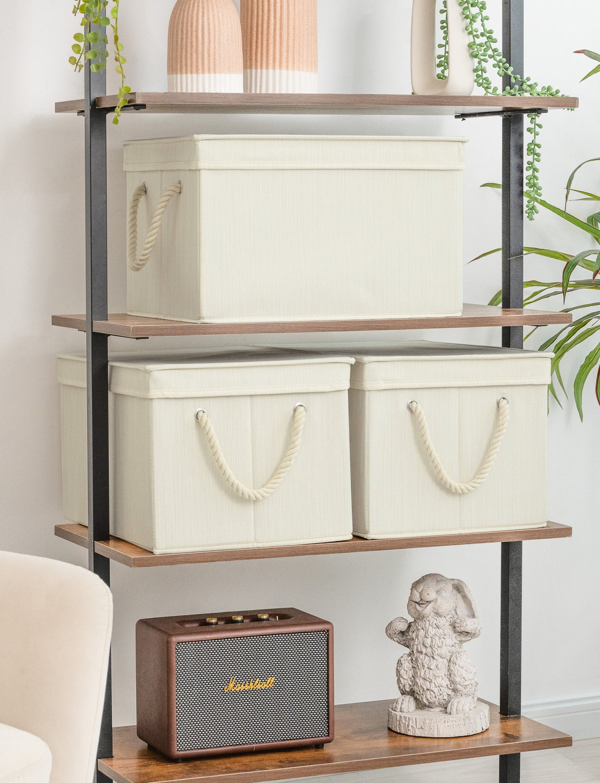 Lidded Fabric Storage Bins with Cotton Rope Handles, Set of 3