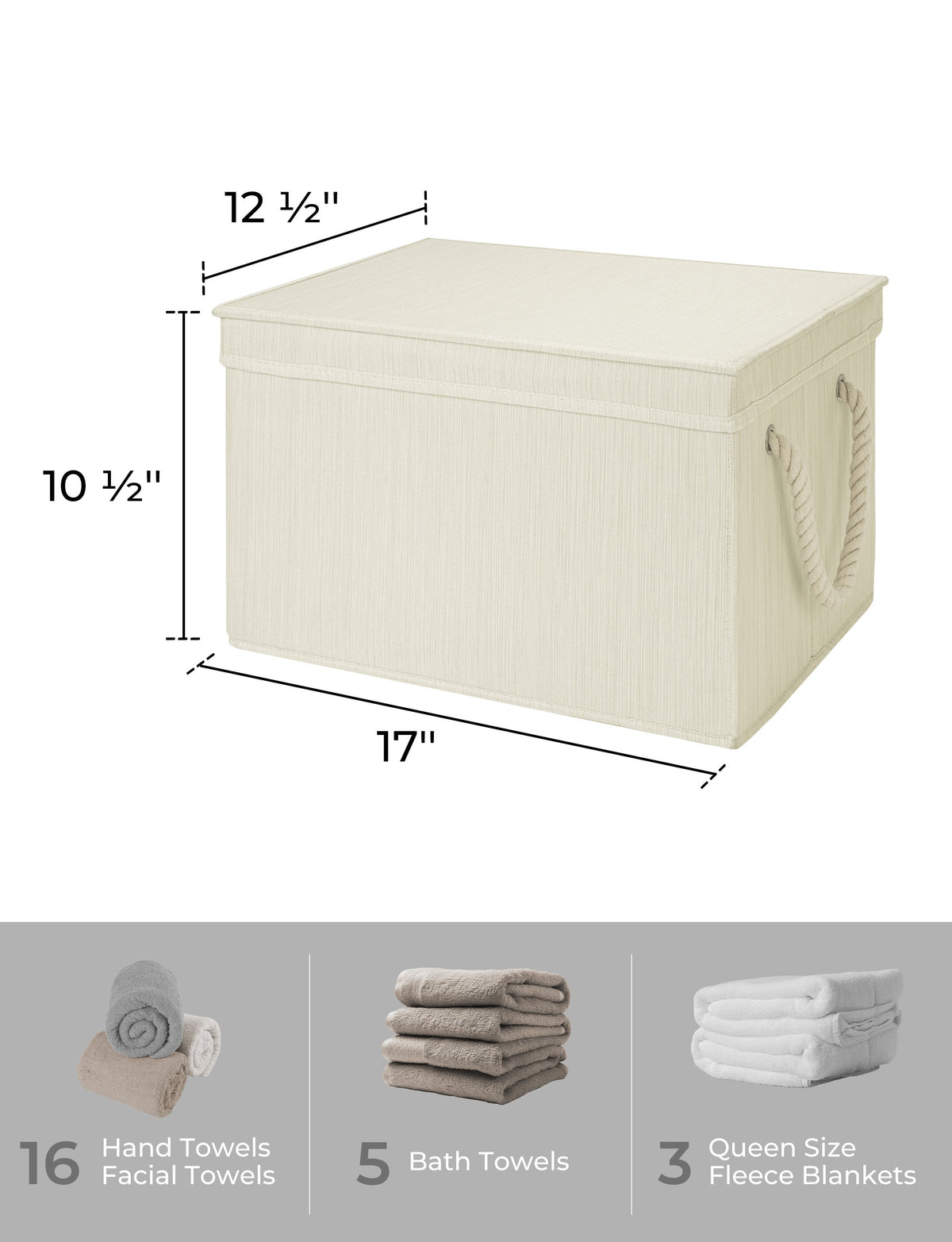 Lidded Fabric Storage Bins with Cotton Rope Handles, Set of 3