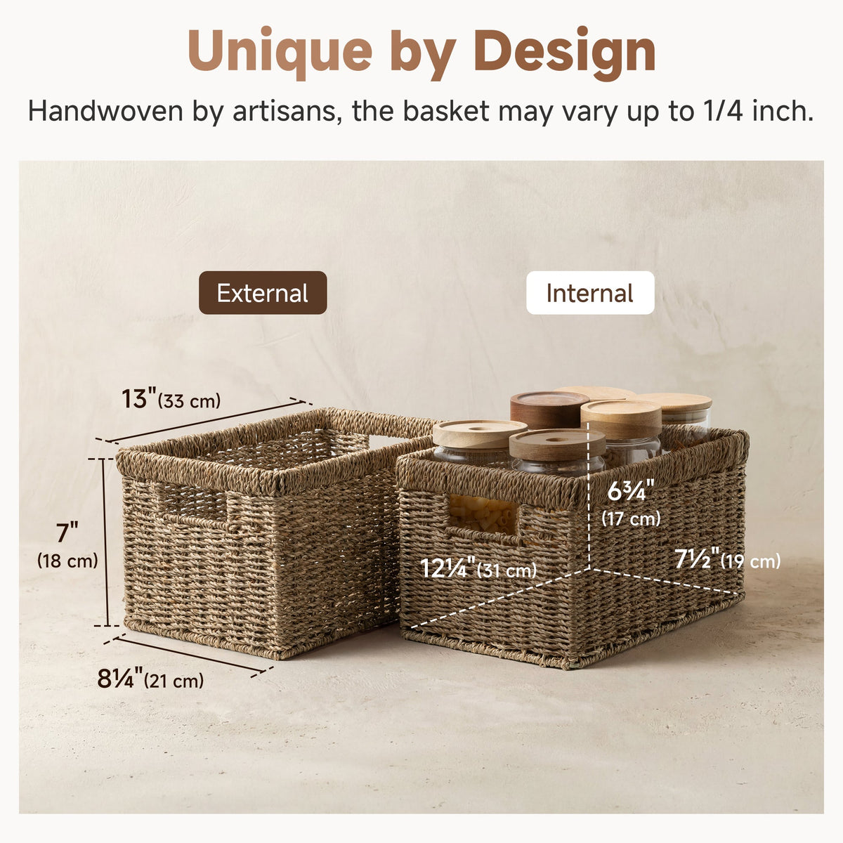 Rectangular Rope Seagrass Basket with Built-in Handles, Set of 2