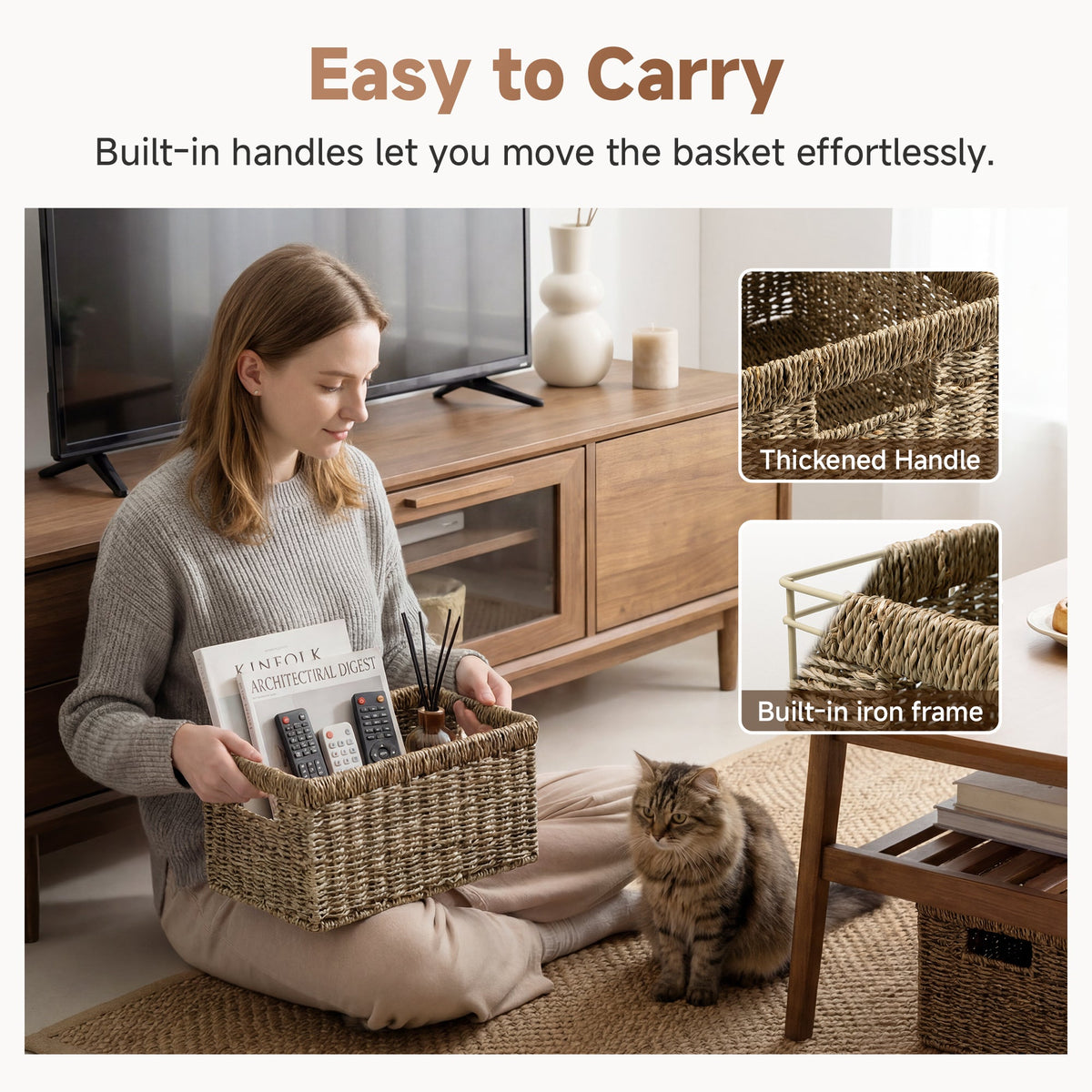 Rectangular Rope Seagrass Basket with Built-in Handles, Set of 2