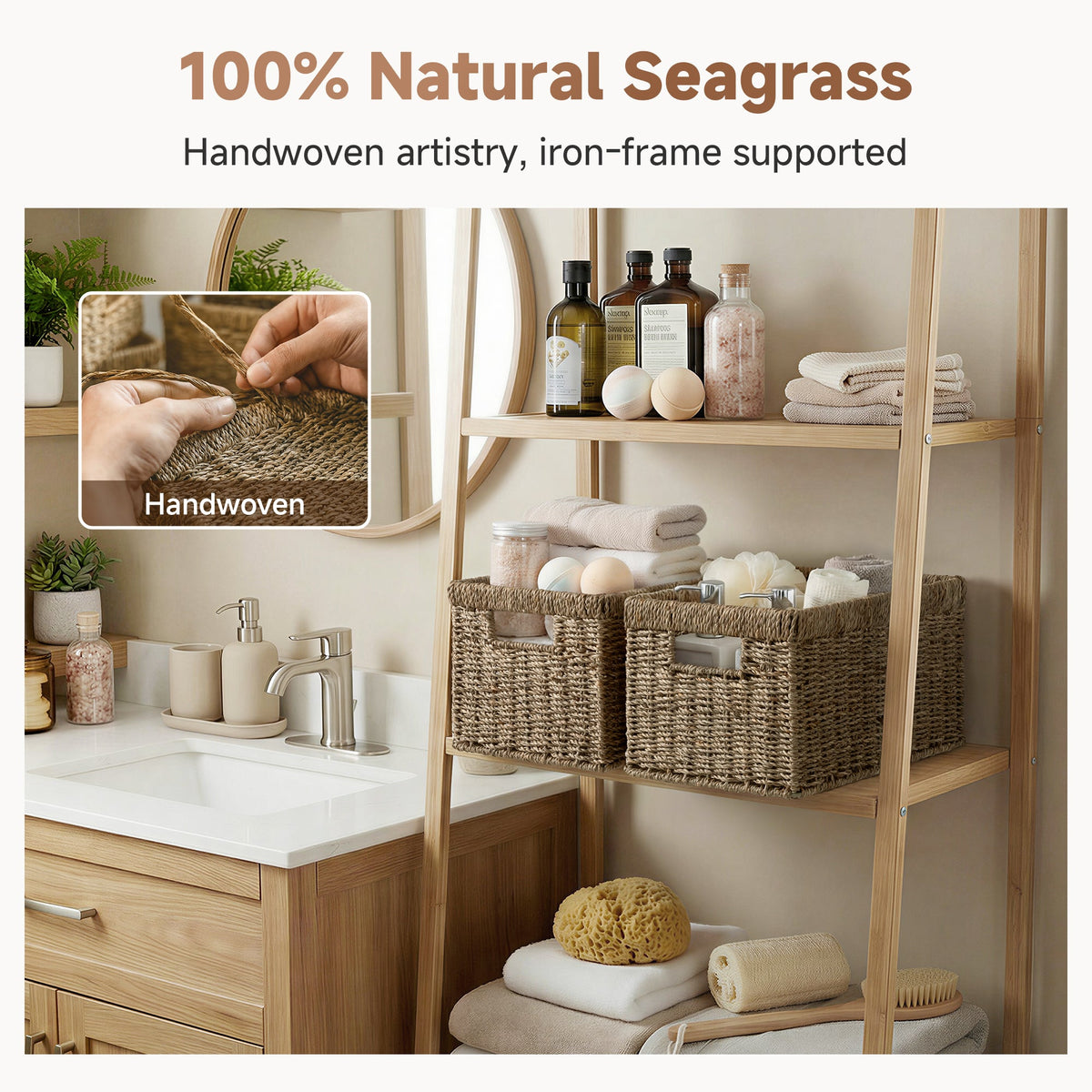 Rectangular Rope Seagrass Basket with Built-in Handles, Set of 2