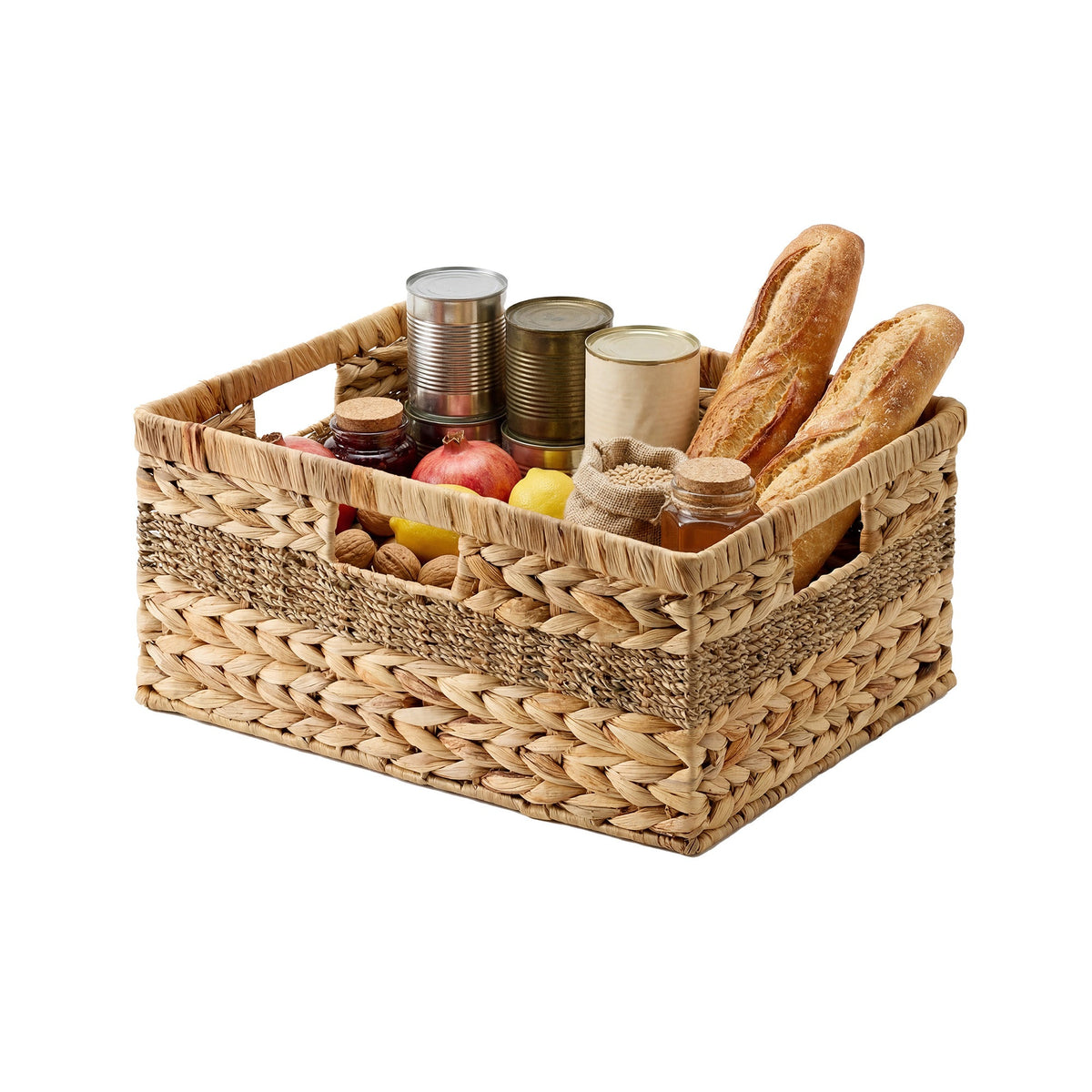 Large Rectangular Water Hyacinth Wicker Basket with Built-In Handles