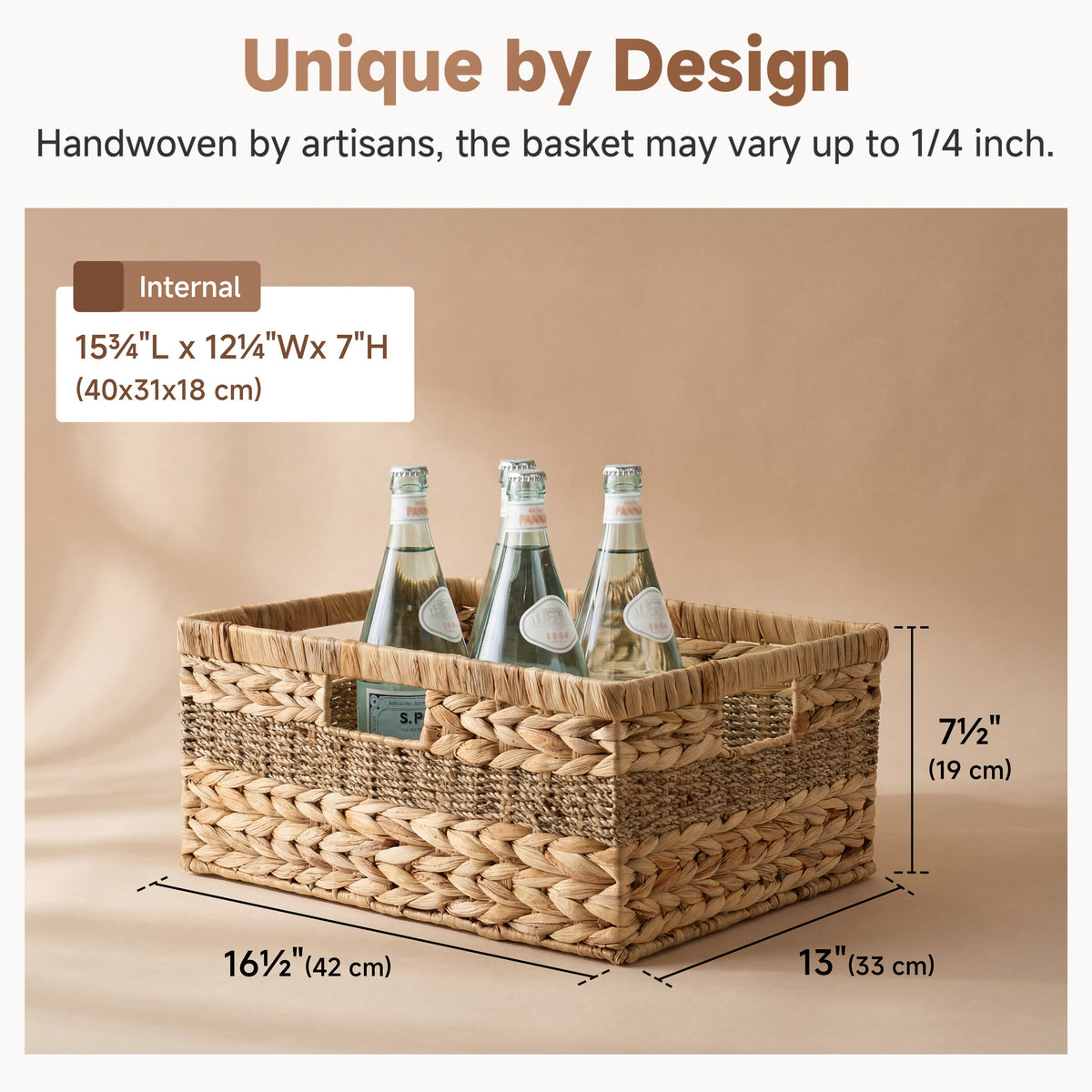 Large Rectangular Water Hyacinth Wicker Basket with Built-In Handles