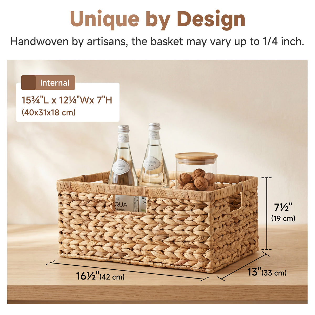 Large Rectangular Water Hyacinth Wicker Basket with Built-In Handles