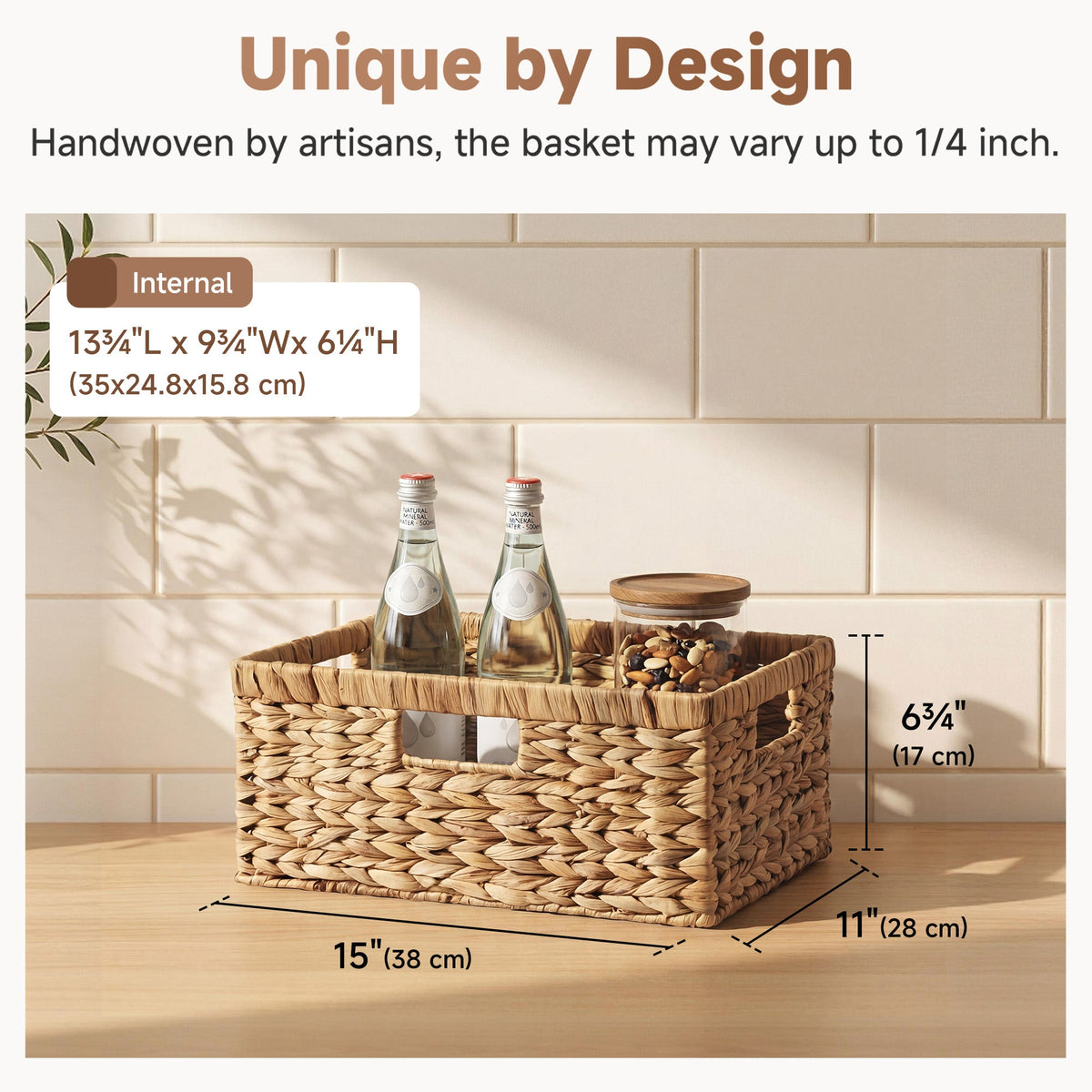 Large Rectangular Water Hyacinth Wicker Basket with Built-In Handles