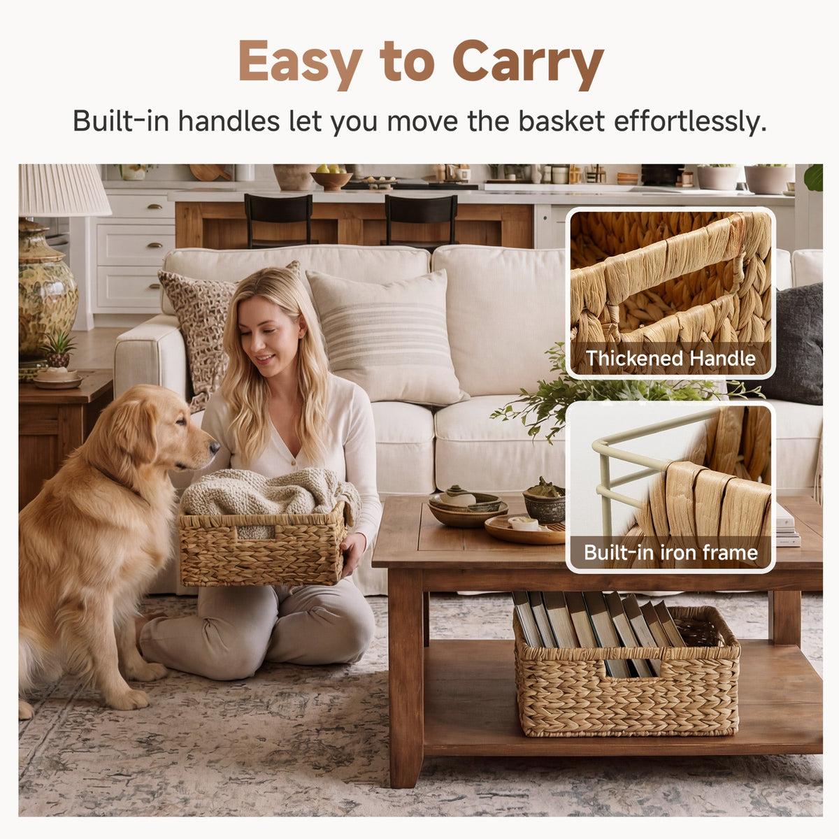 Large Rectangular Water Hyacinth Wicker Basket with Built-In Handles