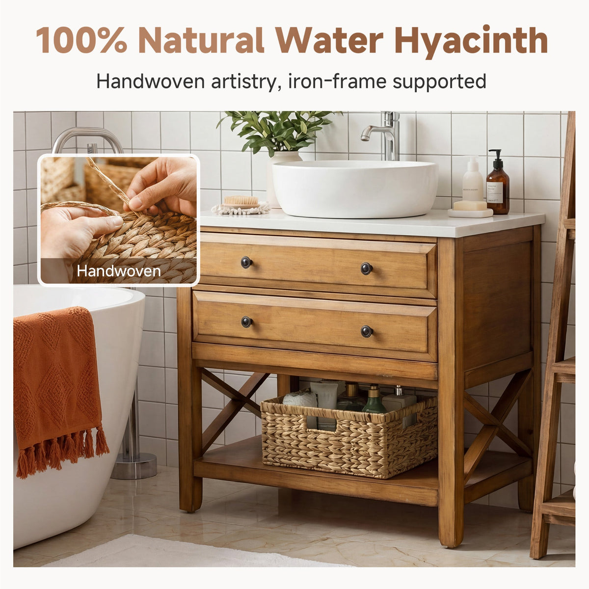 Large Rectangular Water Hyacinth Wicker Basket with Built-In Handles