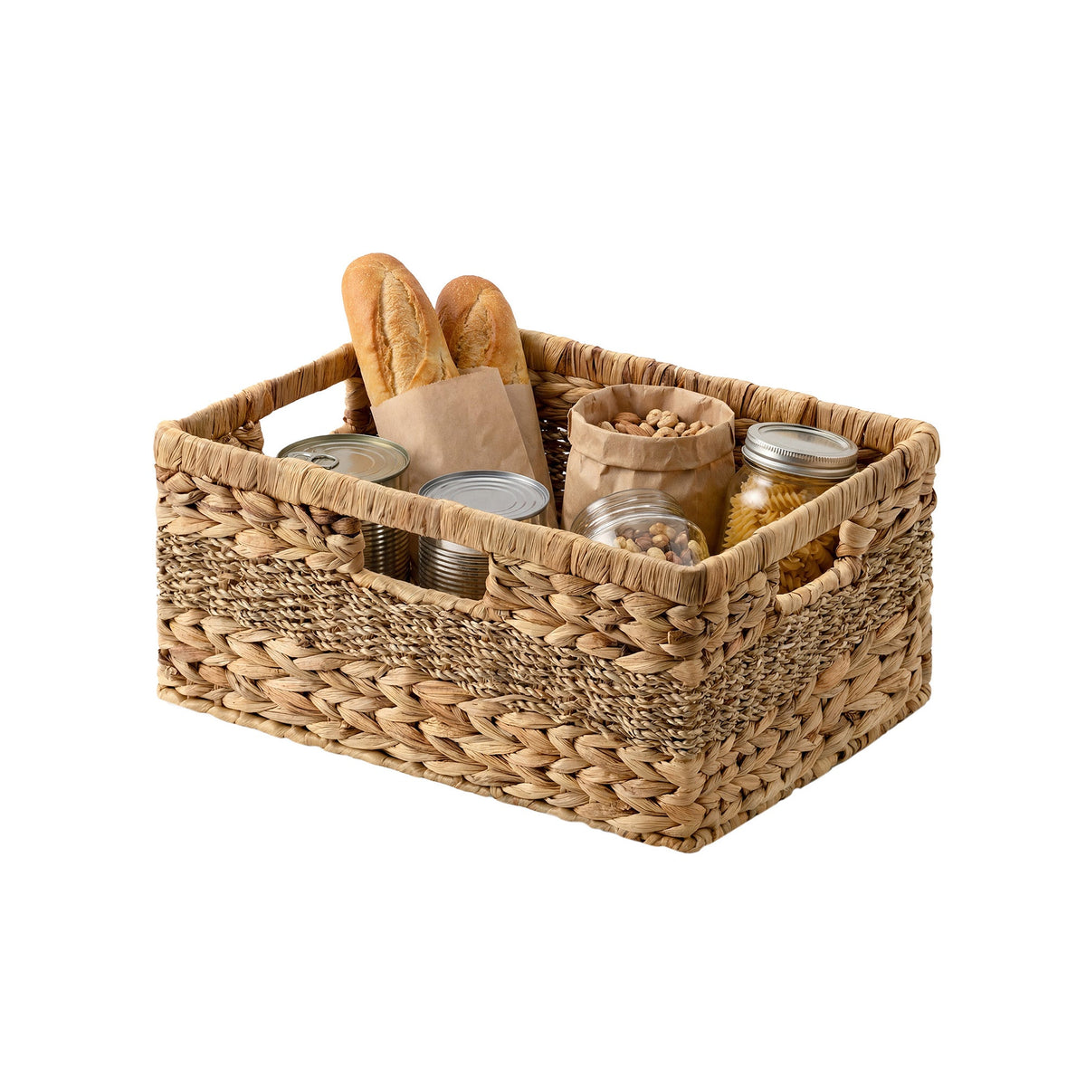 Large Rectangular Water Hyacinth Wicker Basket with Built-In Handles