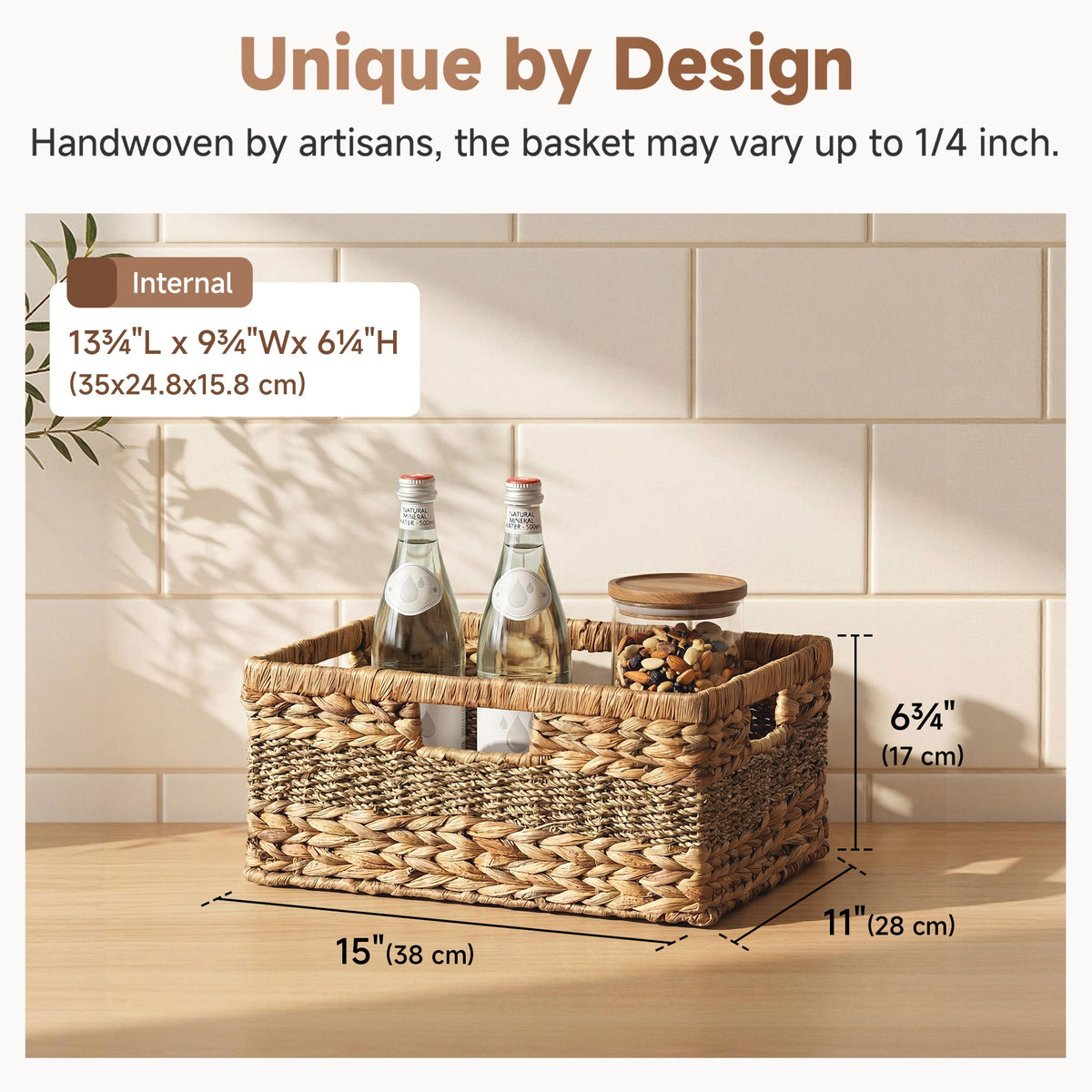 Large Rectangular Water Hyacinth Wicker Basket with Built-In Handles