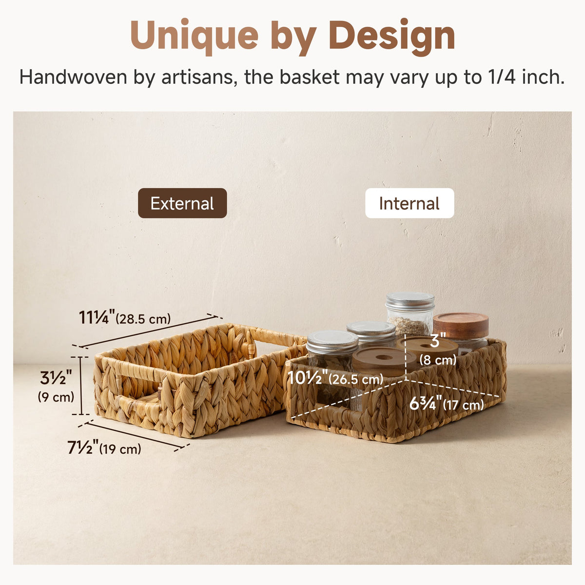 Rectangular Water Hyacinth Basket with Built-in Handles, Small, 2 Pack