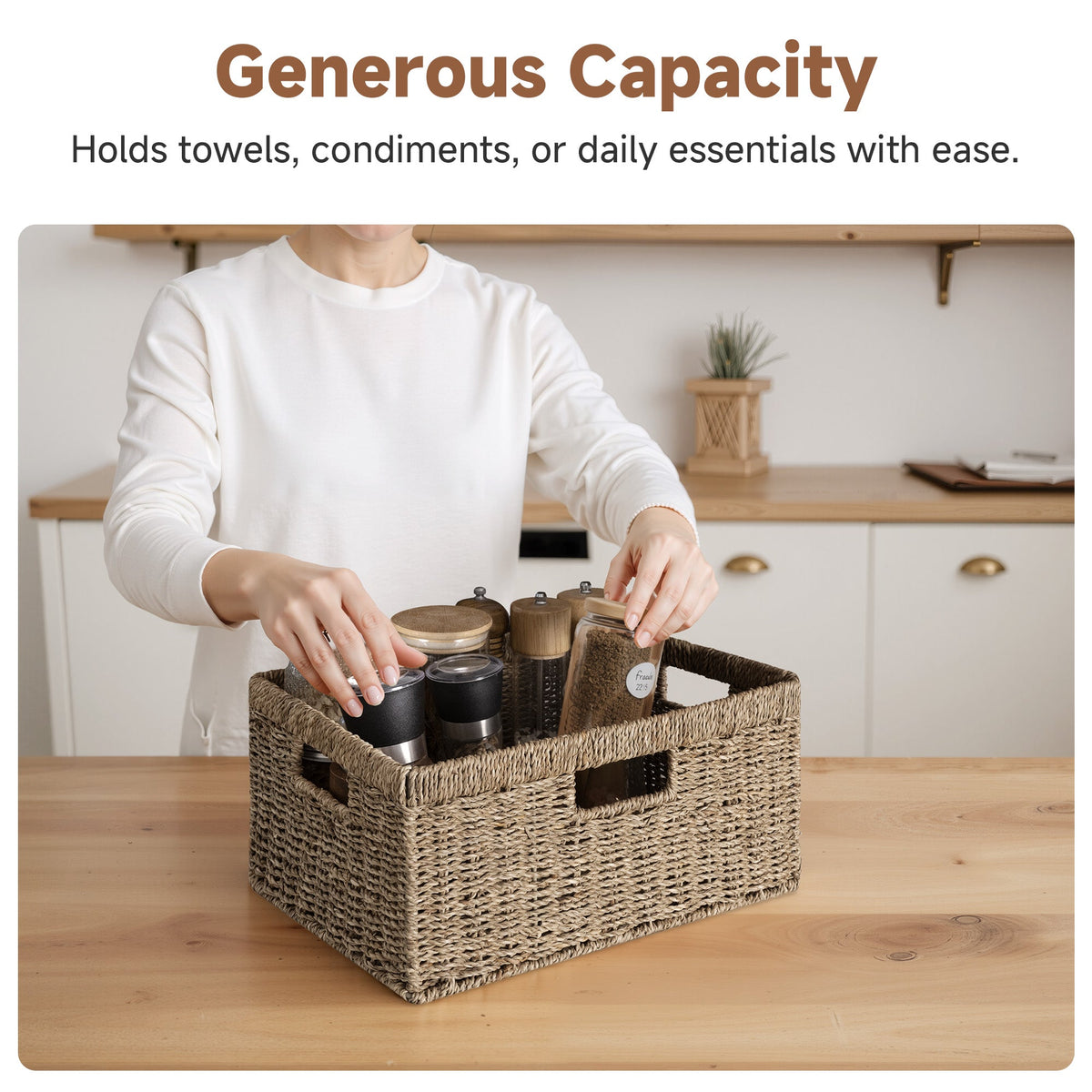 Large Rectangular Seagrass Basket with Built-In Handles