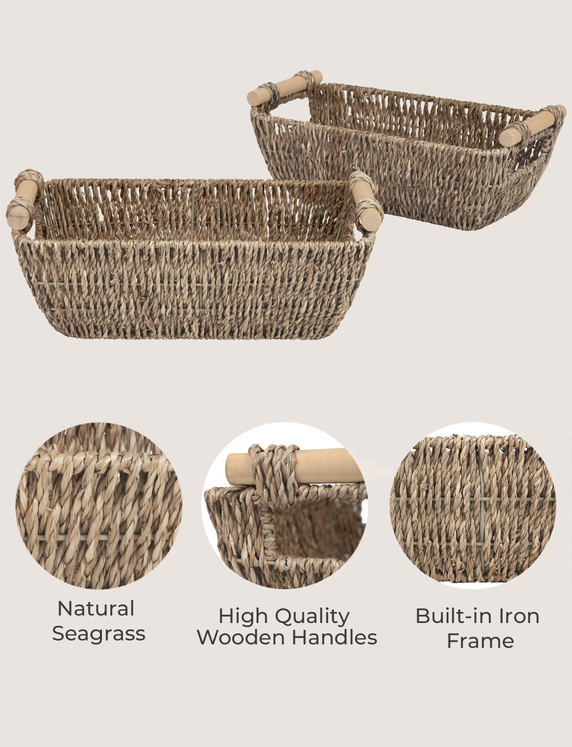 Woven Seagrass Basket with Wooden Handles, 2 Pack