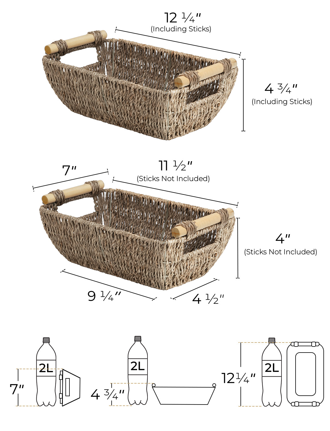 Woven Seagrass Basket with Wooden Handles, 2 Pack