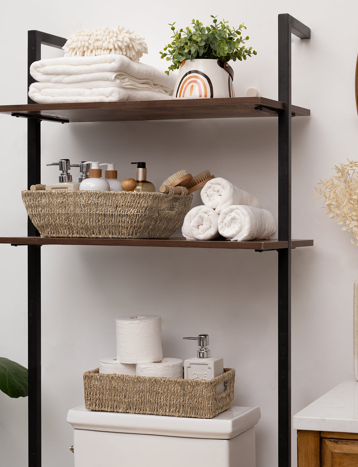 Woven Seagrass Basket with Wooden Handles, 2 Pack