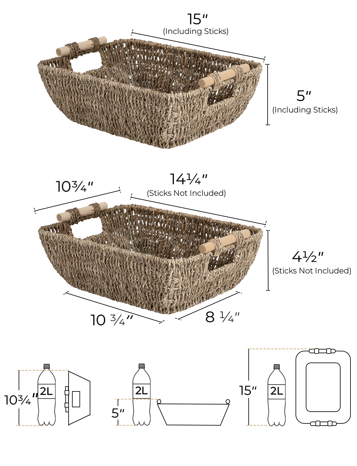 Woven Seagrass Basket with Wooden Handles, 2 Pack