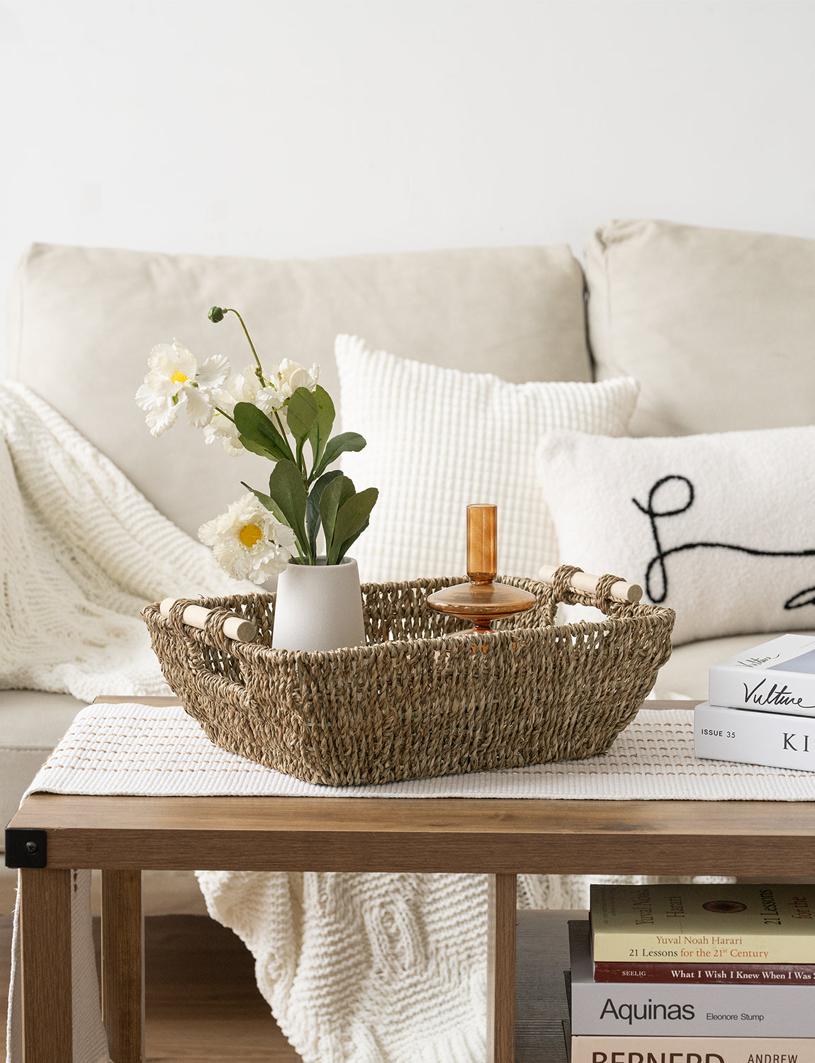 Woven Seagrass Basket with Wooden Handles, 2 Pack