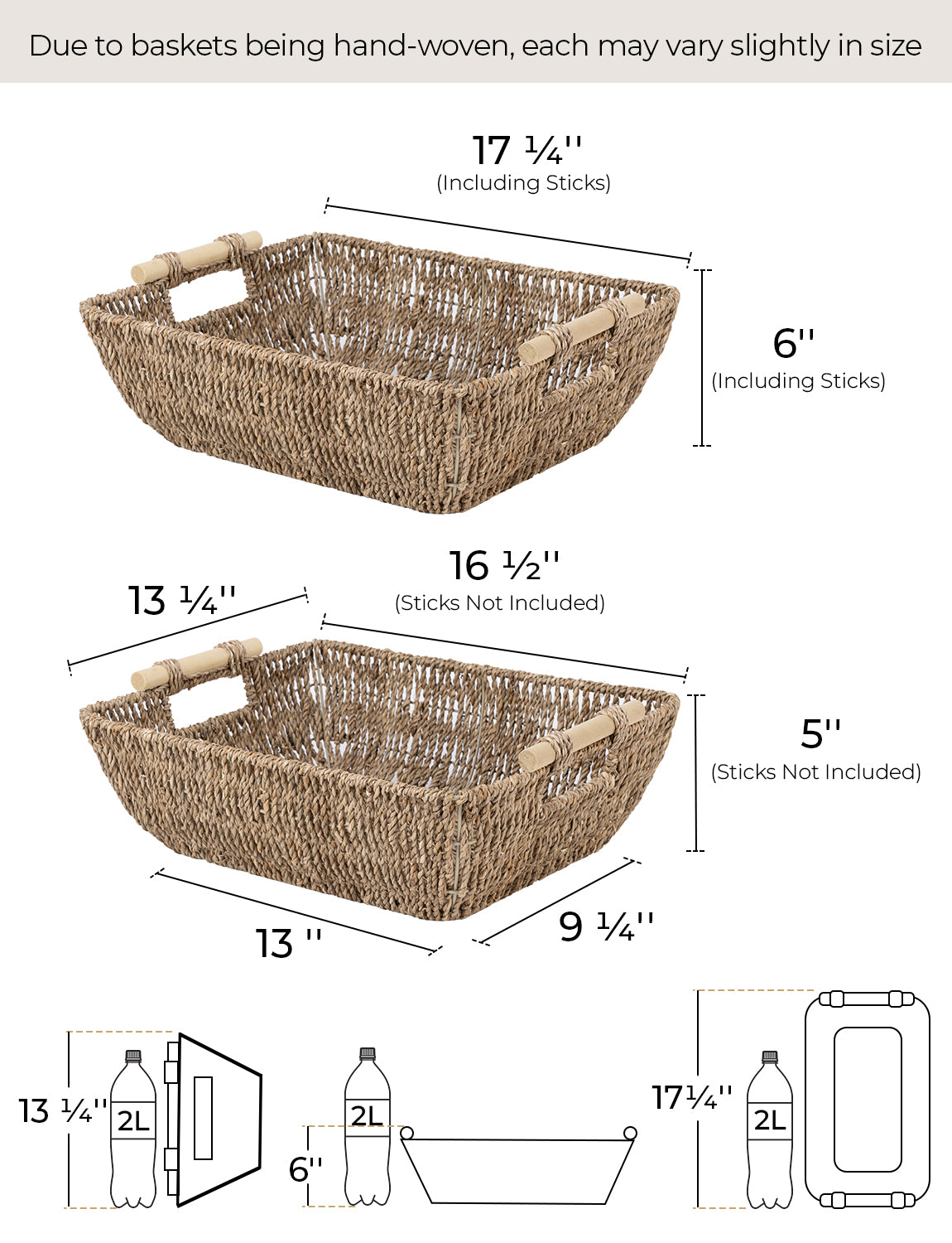Woven Seagrass Basket with Wooden Handles, 2 Pack