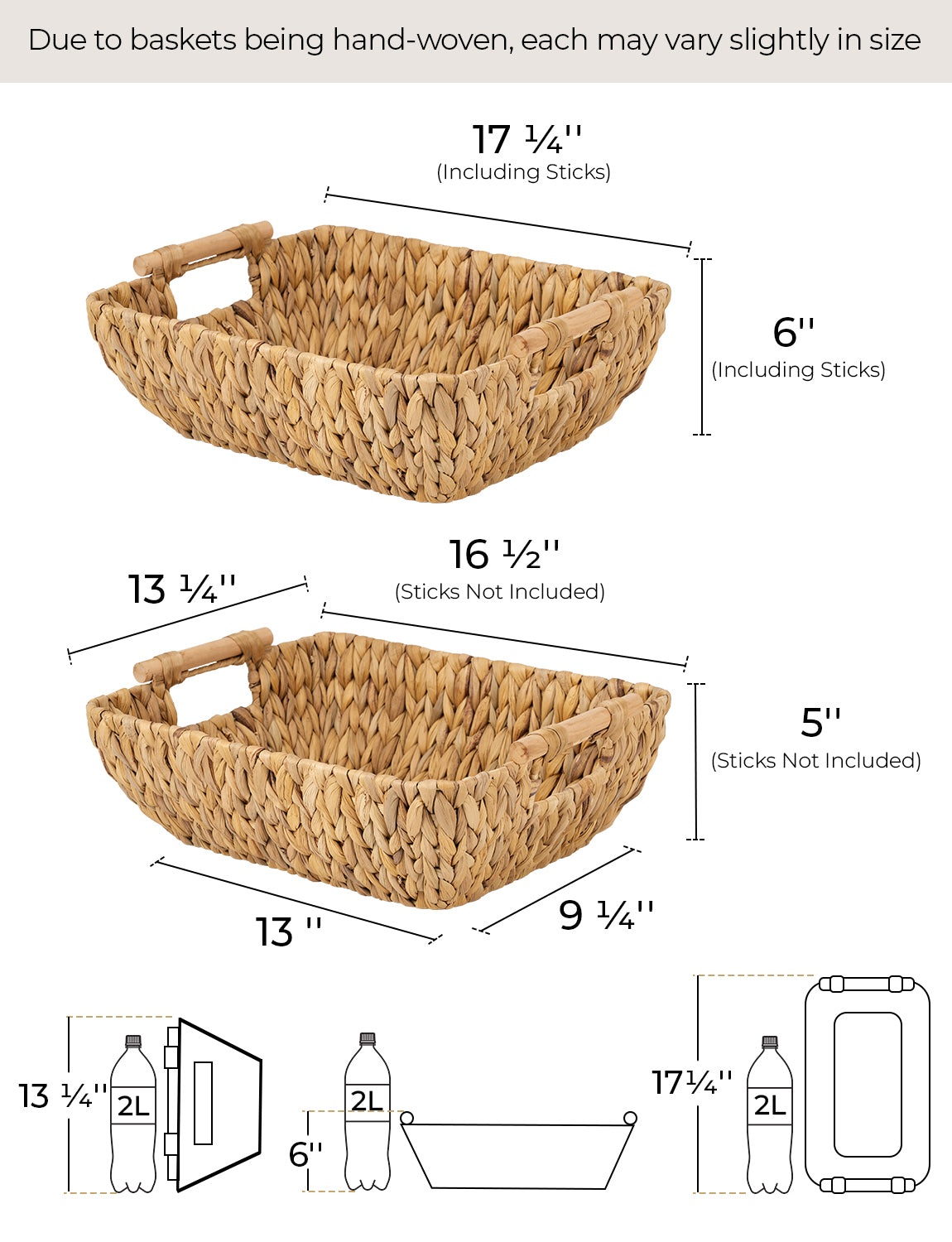 Woven Water Hyacinth Basket with Wooden Handles, 2 Pack