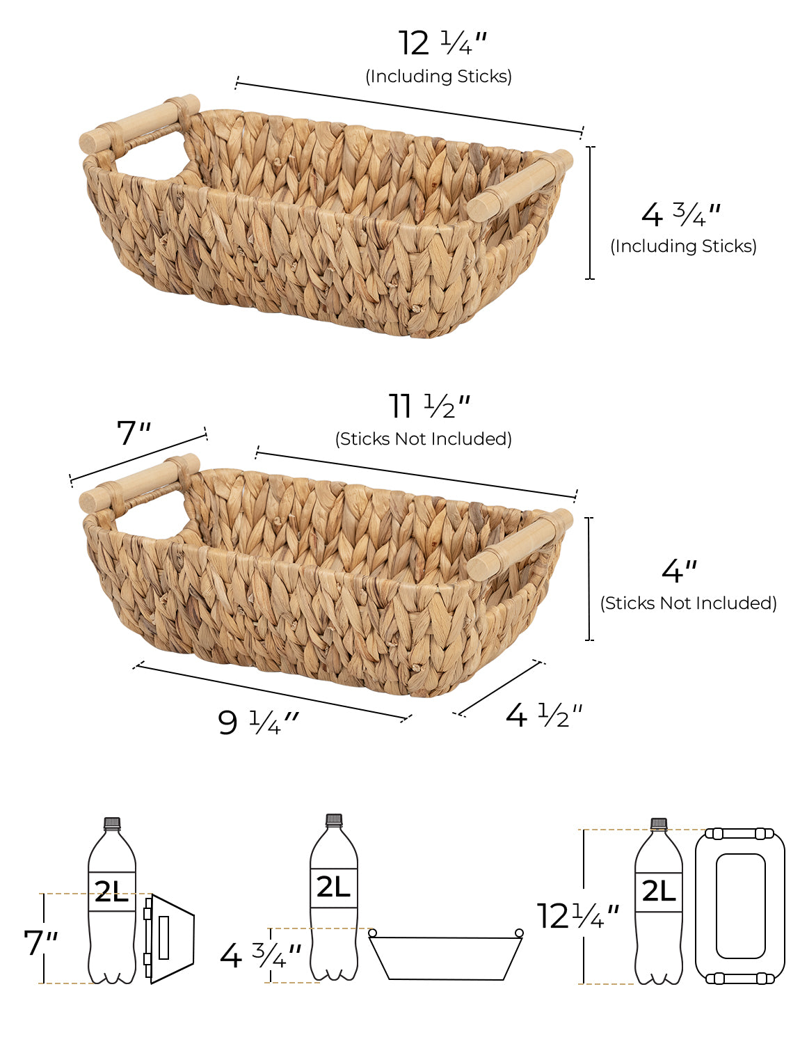 Woven Water Hyacinth Basket with Wooden Handles, 2 Pack