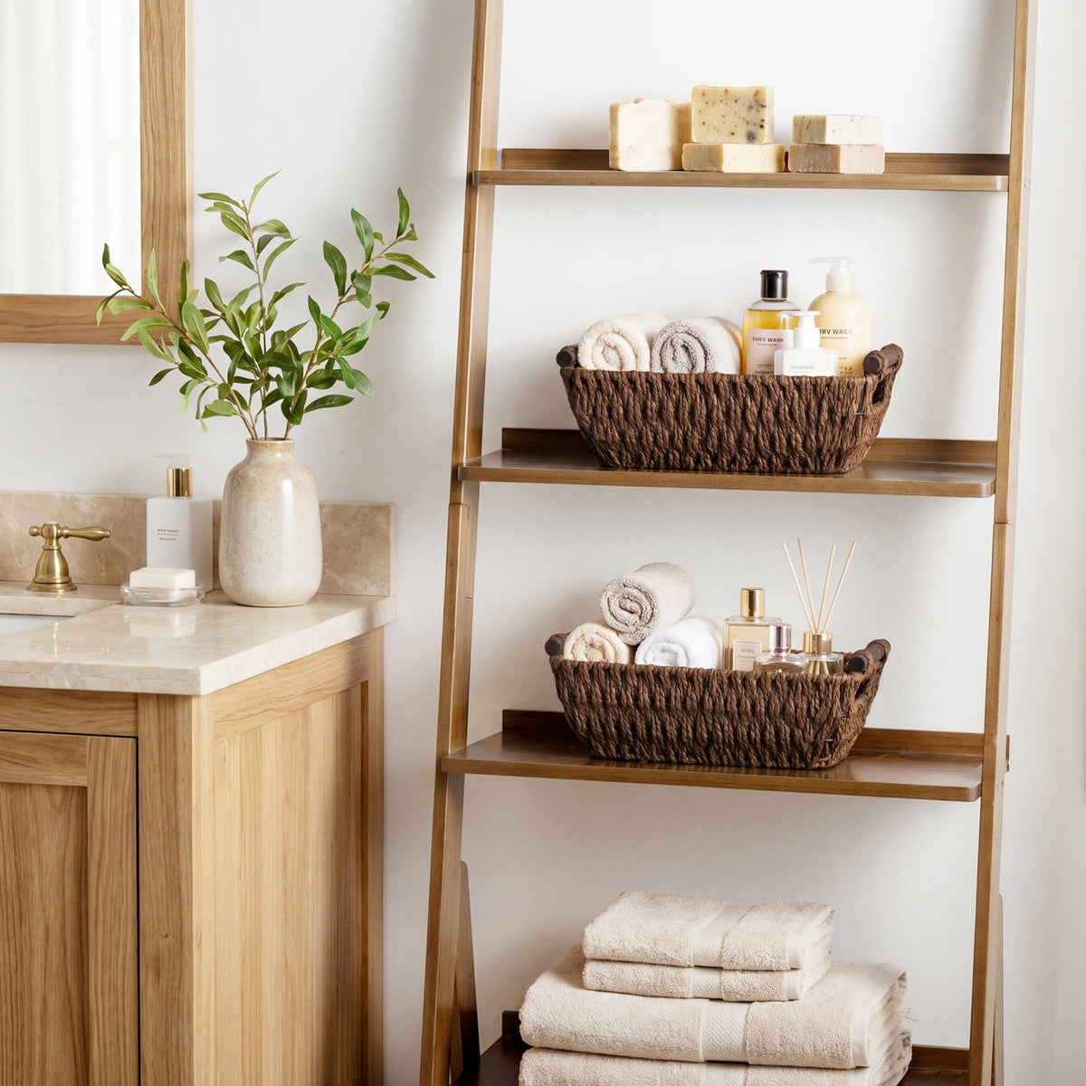 Handwoven Wicker Basket with Wooden Handles, Paper Rope, 2 Pack