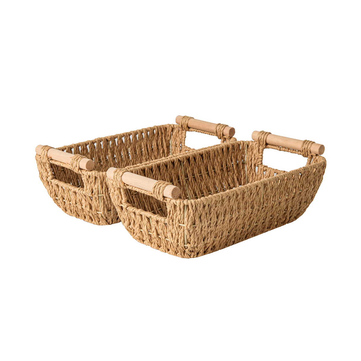 Handwoven Wicker Basket with Wooden Handles, Paper Rope, 2 Pack