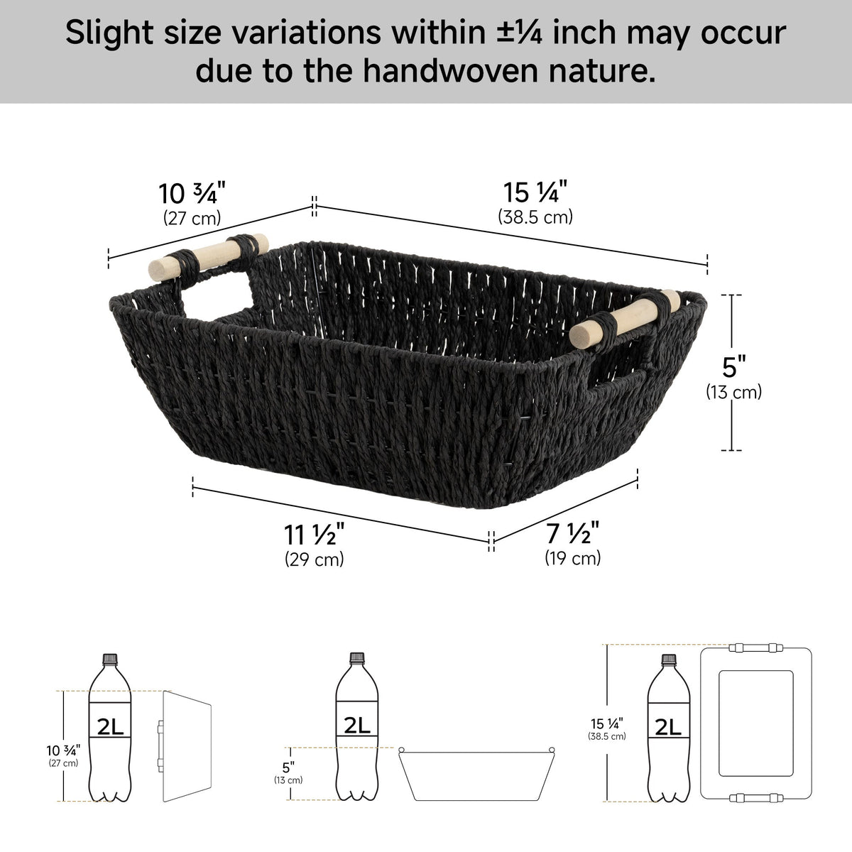 Handwoven Wicker Basket with Wooden Handles, Paper Rope, 2 Pack