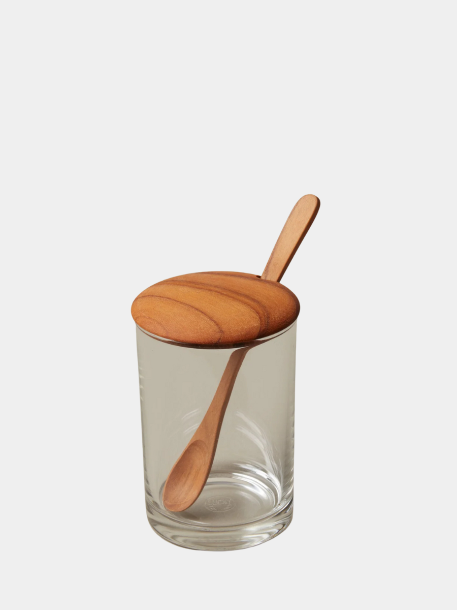 Glass Cellar with Teak Lid and Spoon