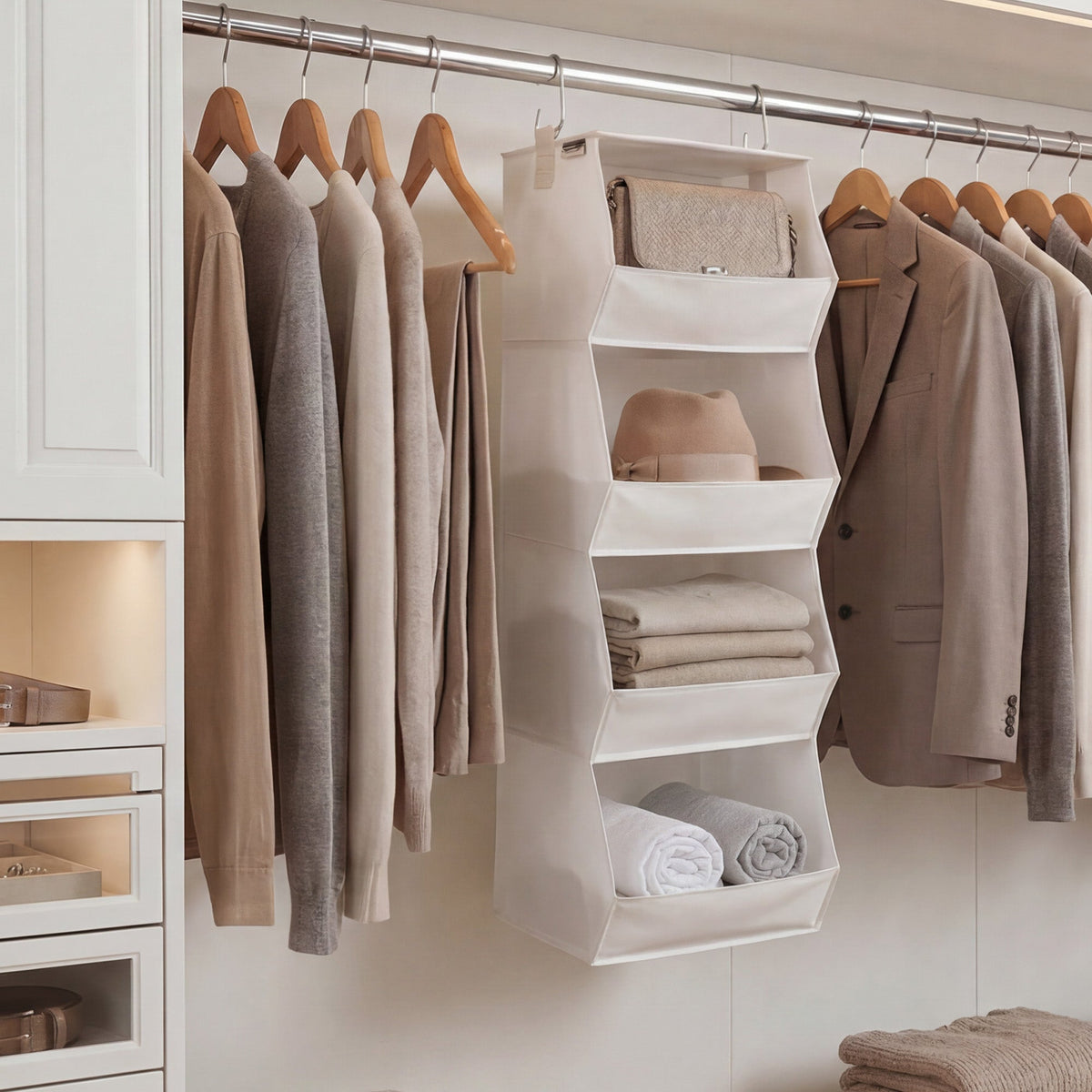 Hanging Closet Organizer, Trapezoid Shelf Design