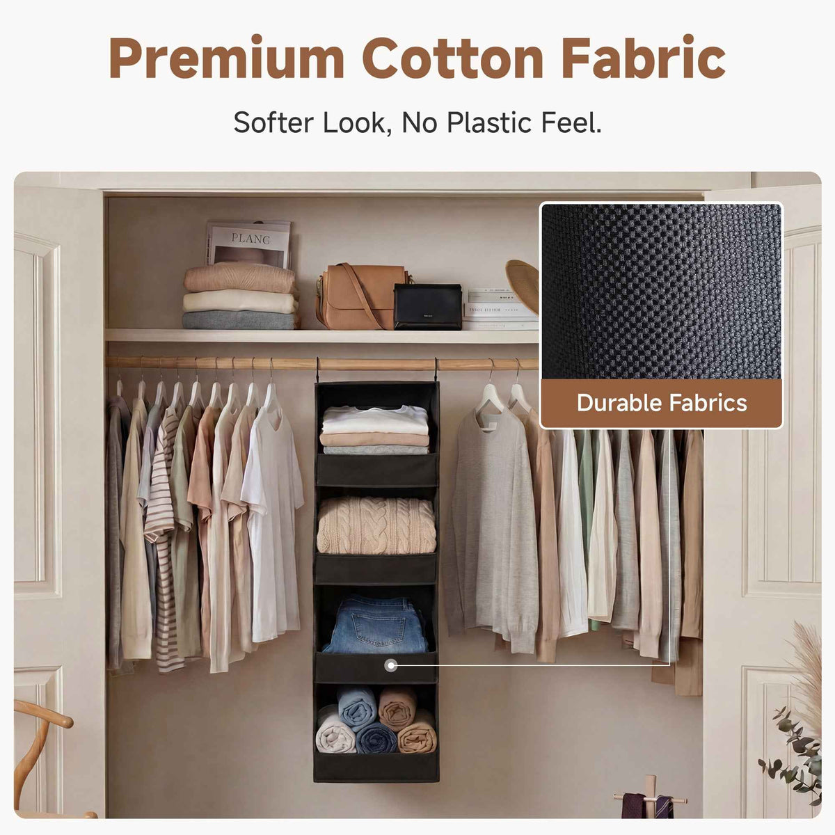 Hanging Closet Organizer, Trapezoid Shelf Design