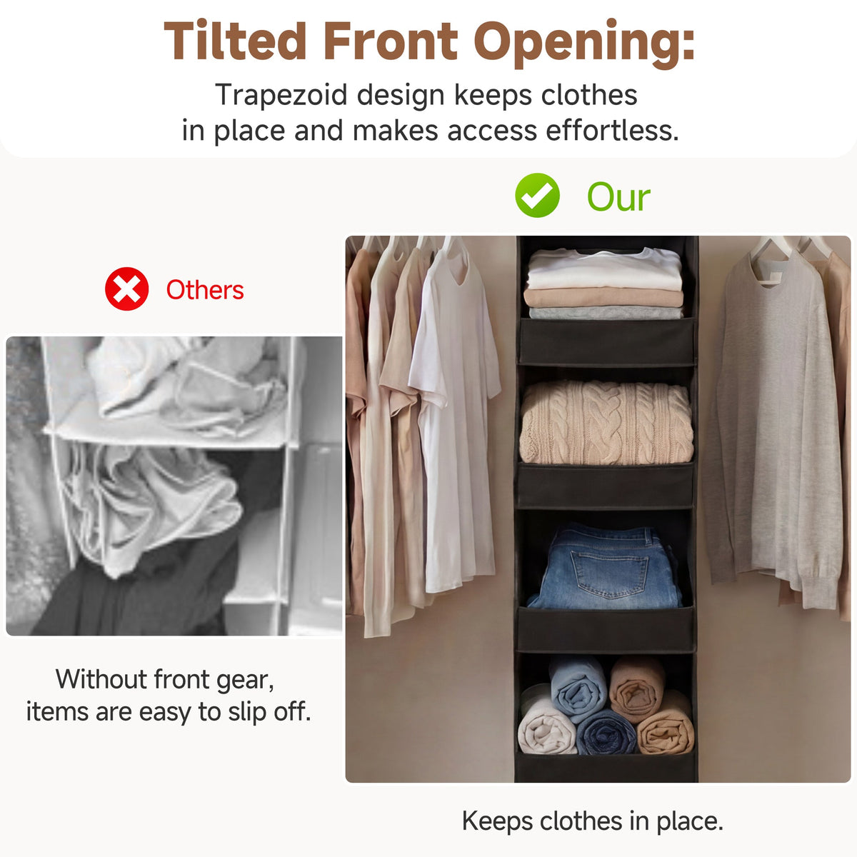 Hanging Closet Organizer, Trapezoid Shelf Design