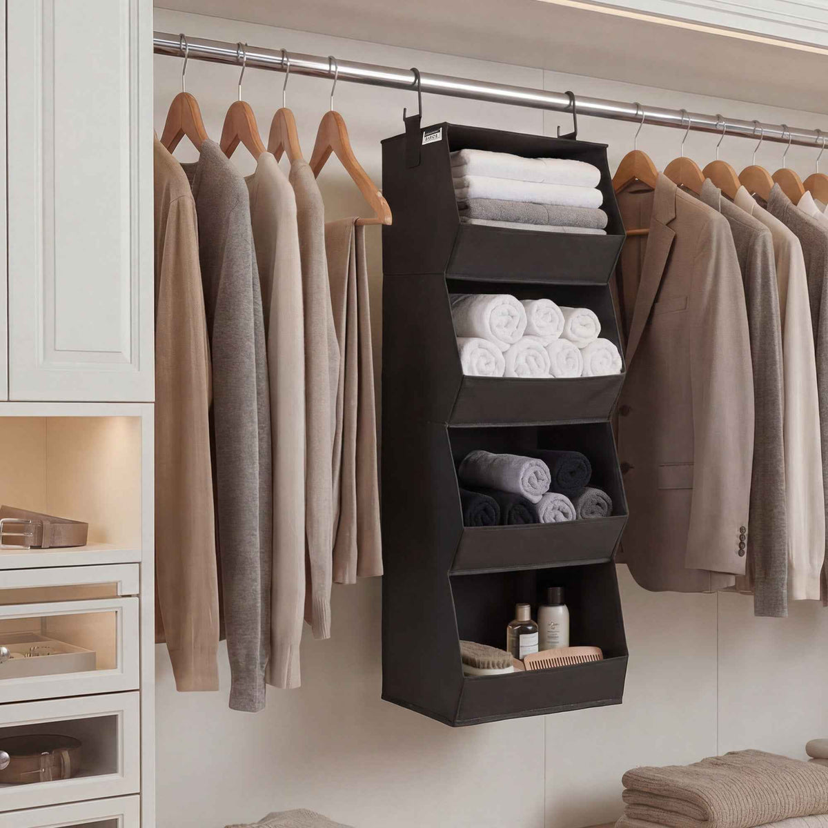 Hanging Closet Organizer, Trapezoid Shelf Design