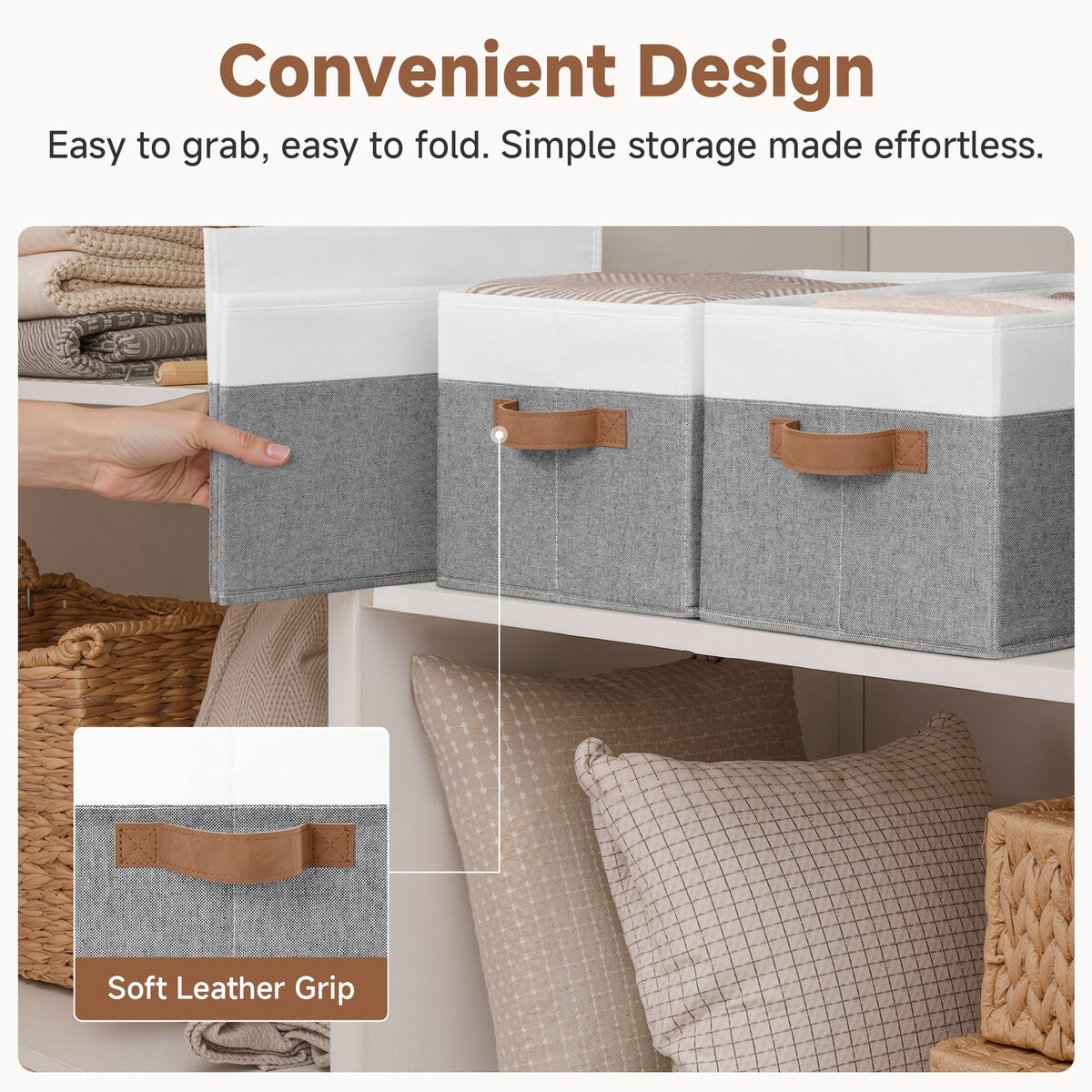 Foldable Fabric Storage Bins with PU Handles, Set of 3
