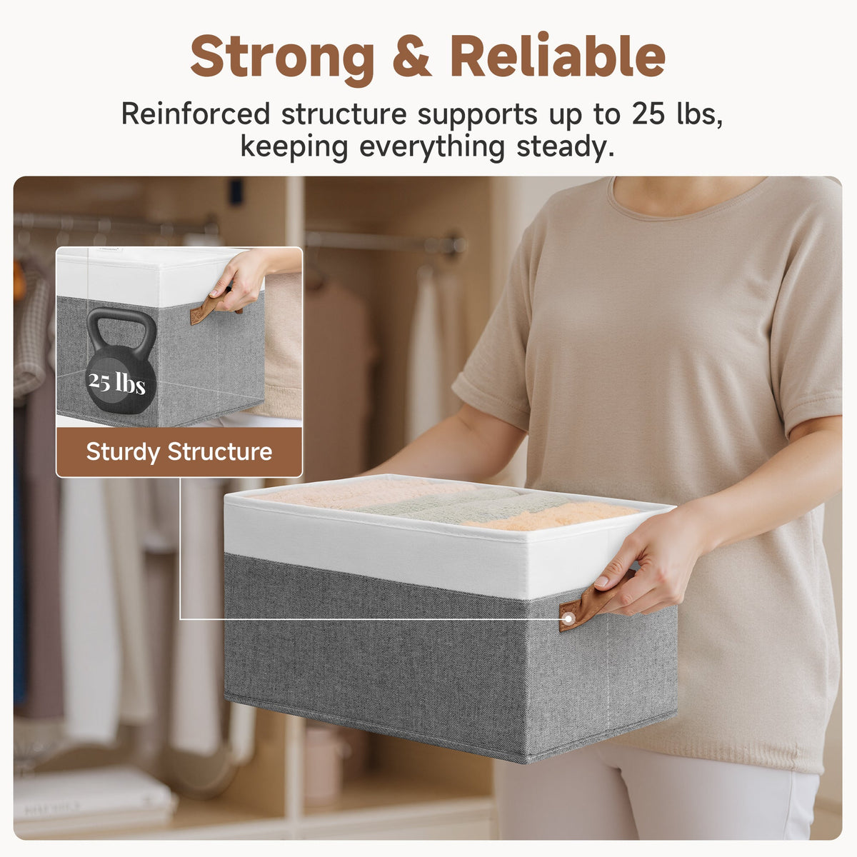 Foldable Fabric Storage Bins with PU Handles, Set of 3