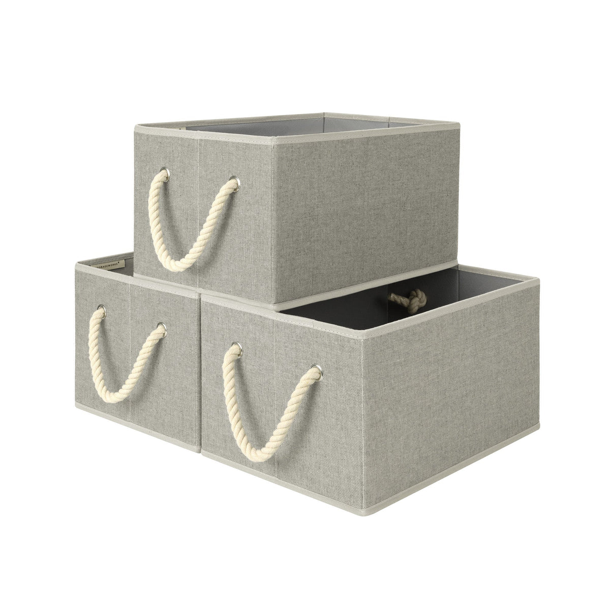 Fabric Storage Bins with Cotton Rope Handles, Set of 3