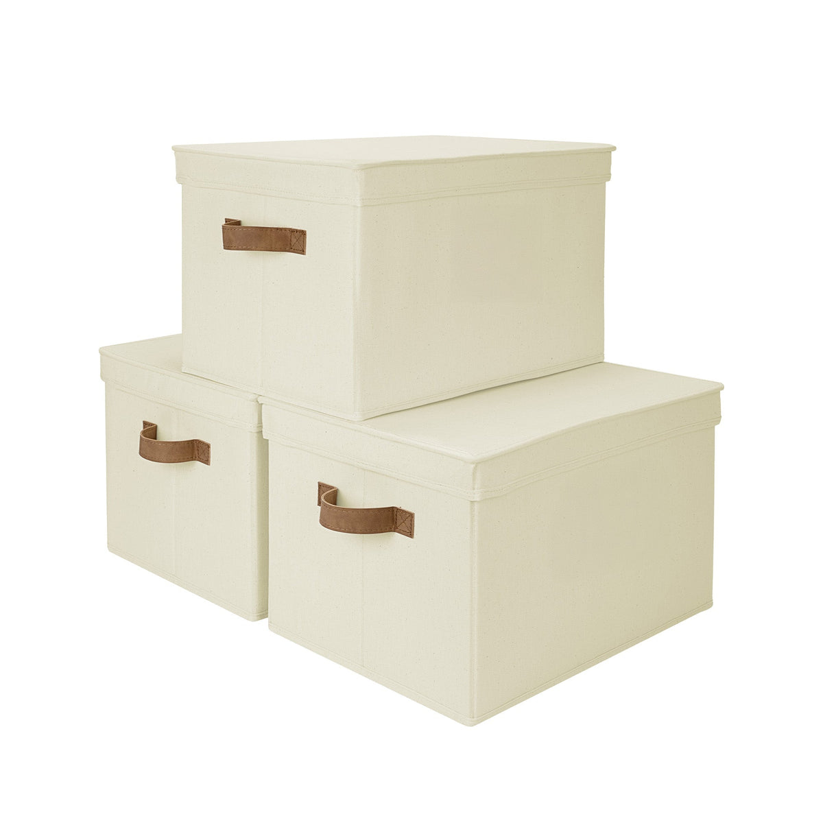 Solid Color Lidded Fabric Storage Bins with PU Handles, Set of 3