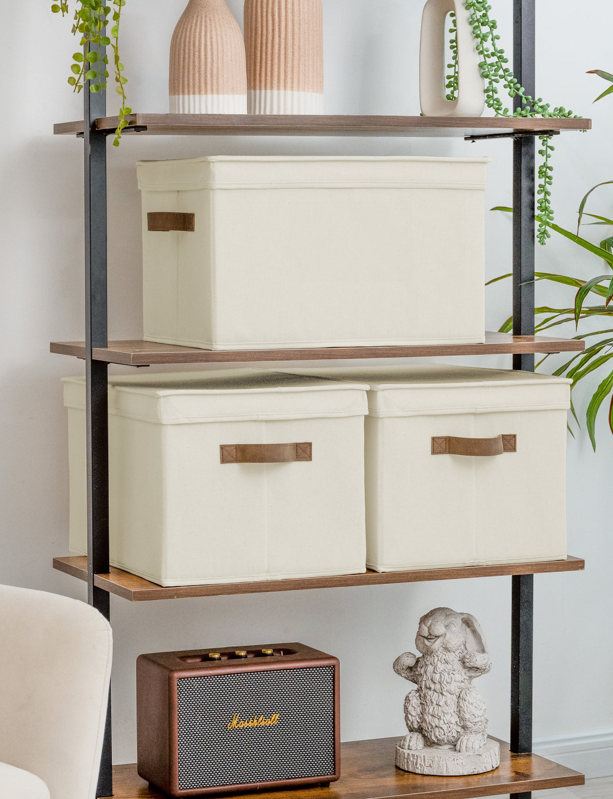 Solid Color Lidded Fabric Storage Bins with PU Handles, Set of 3