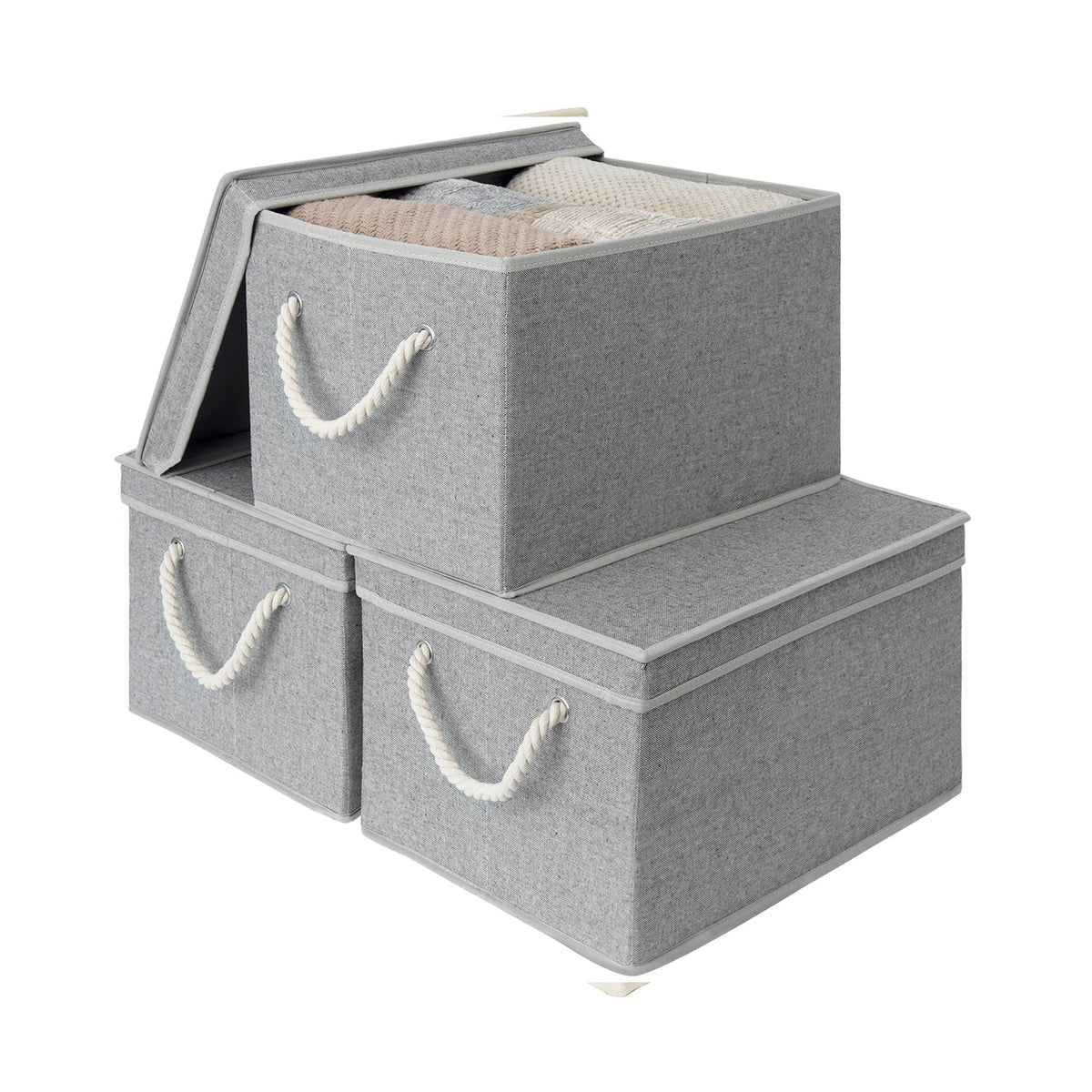 Lidded Fabric Storage Bins with Cotton Rope Handles, Set of 3